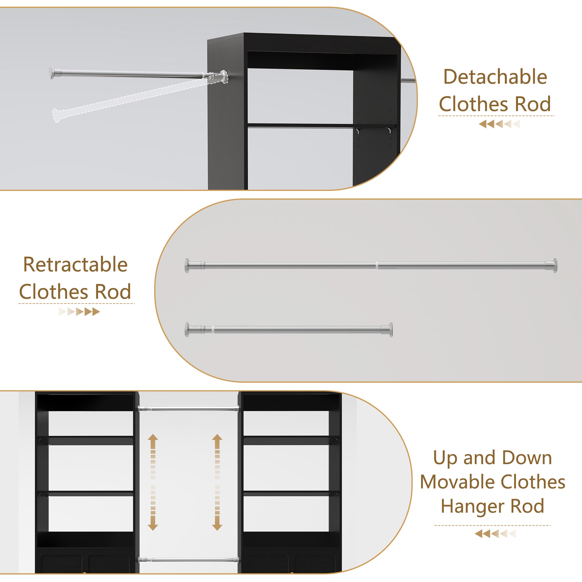 HLR Open Wardrobe Closet System with Adjustable Hanging Rods, Storage Cabinet with Drawers and Shelves, Black