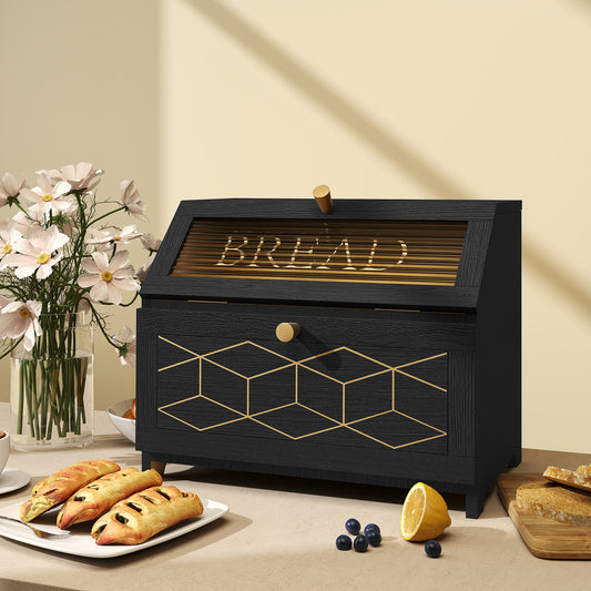 CBJCBJ 15.1" Gold-Trimmed Wooden Bread Box, Double Layer Kitchen Counter Organizer, Vintage Farmhouse Storage