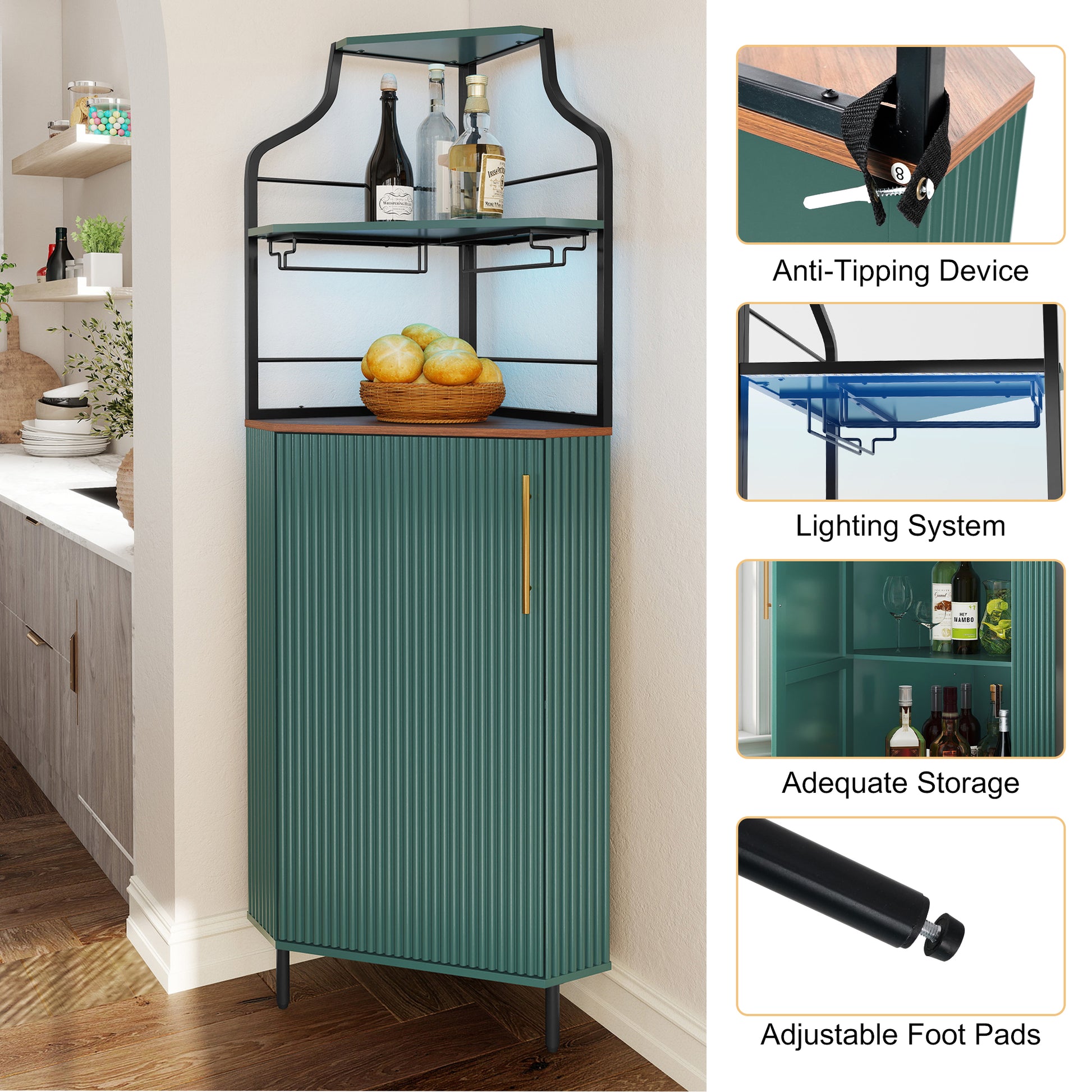 HLR Corner Coffee Bar Cabinet with LED Strip, 4-Tiers Modern Tall Liquor Cabinet with Wine Rack for Dining Room