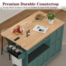 CBJCBJ Folding Rubber wood Kitchen Island, Kitchen Cart with Hidden Trash Can, Knife Rack & Spice Rack,Green
