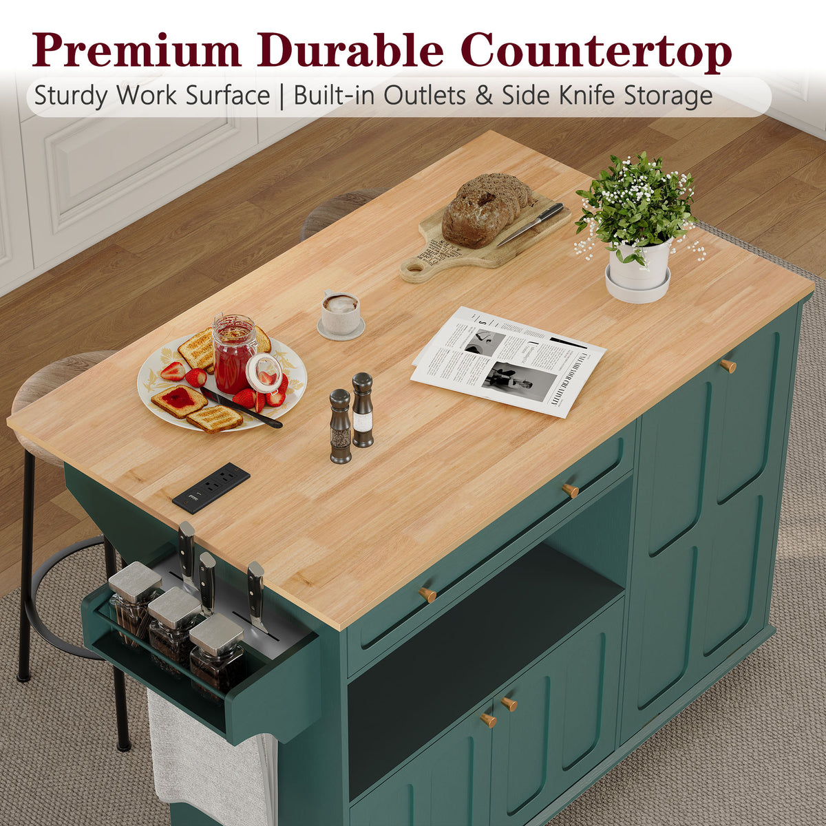 CBJCBJ Folding Rubber wood Kitchen Island, Kitchen Cart with Hidden Trash Can, Knife Rack & Spice Rack,Green