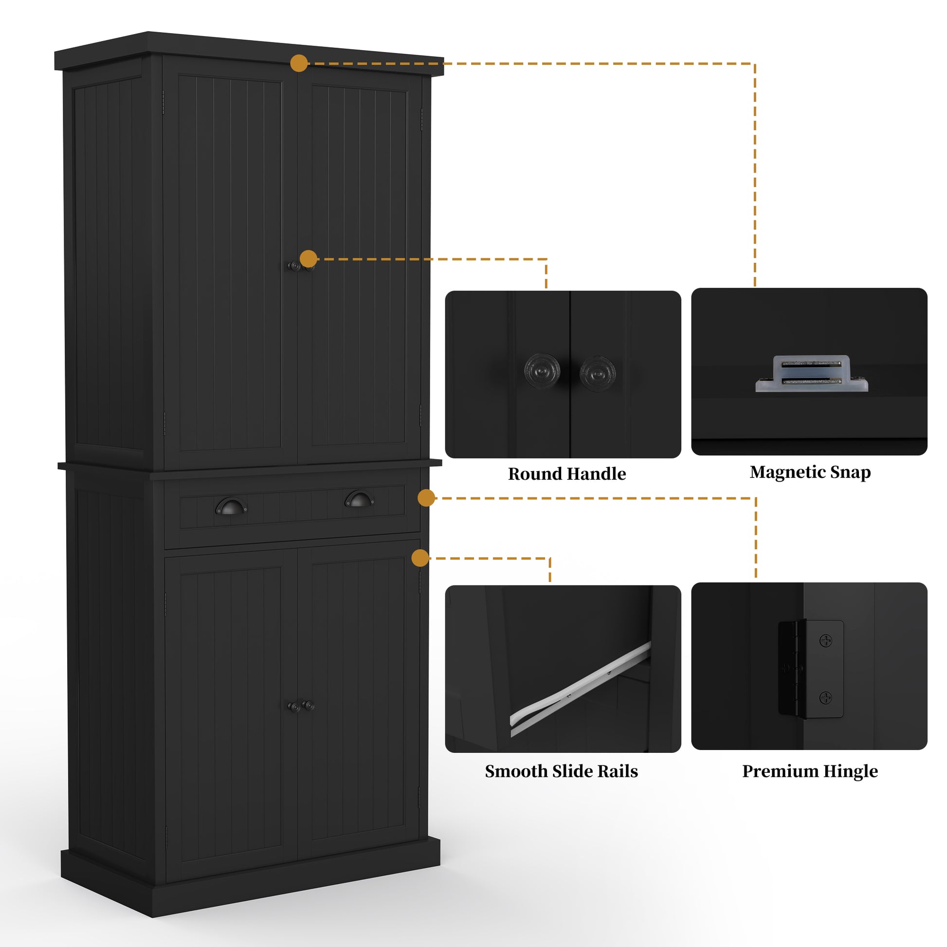 HLR Freestanding Durable Kitchen Pantry Storage Cabinet with Adjustable Shelves, Black