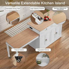CBJCBJ Modern Extendable Kitchen Islands on Wheels with Power Outlet, Dining Table Cart with 4 Doors Storage, White
