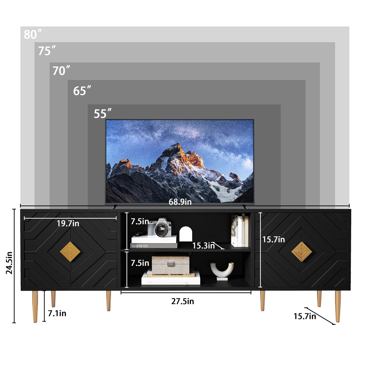 HLR Modern 70" TV Stand, for TVs up to 80", Living Room Entertainment Center with 4 Door Storage Cabinet, Black