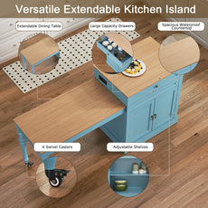 CBJCBJ Modern Extendable Kitchen Islands on Wheels with Power Outlet, Dining Table Cart with 2 Doors Storage, Blue