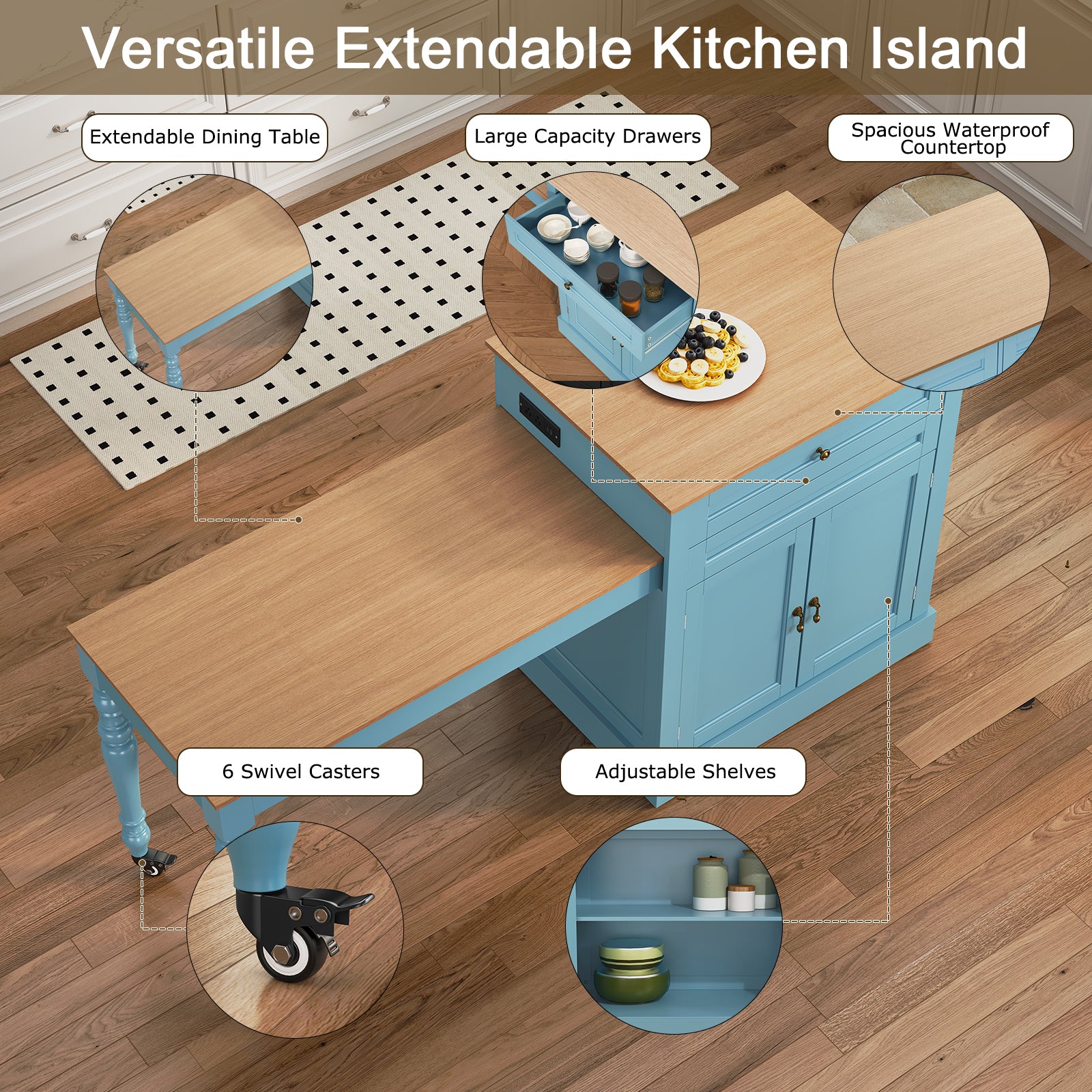CBJCBJ Modern Extendable Kitchen Islands on Wheels with Power Outlet, Dining Table Cart with 2 Doors Storage, Blue