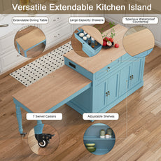 CBJCBJ Modern Extendable Kitchen Islands on Wheels with Power Outlet, Dining Table Cart with 4 Doors Storage, Blue