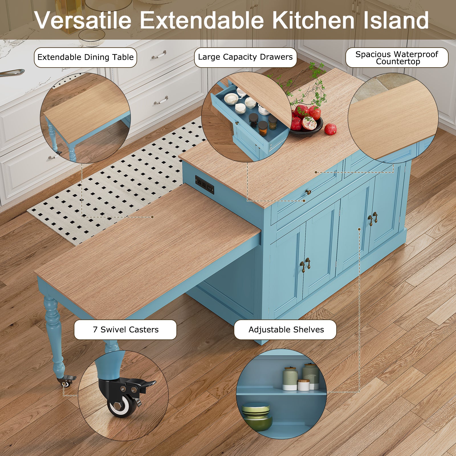 CBJCBJ Modern Extendable Kitchen Islands on Wheels with Power Outlet, Dining Table Cart with 4 Doors Storage, Blue
