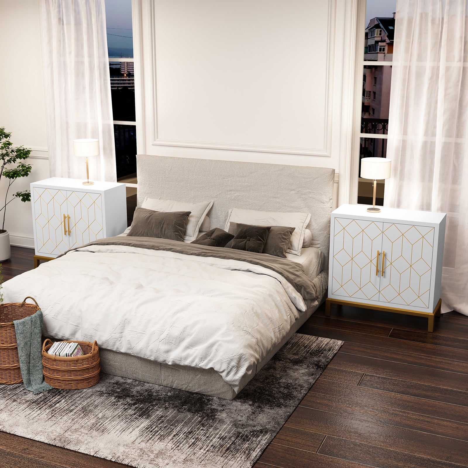HLR 30.7" White Accent Cabinet with 2 Doors, Entryway Cabinet with Gold Trim, Modern Buffet Sideboards