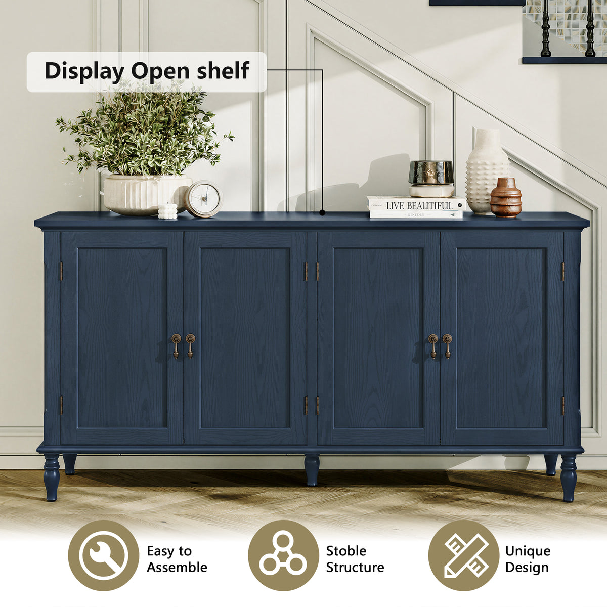 CBJCBJ 58" Retro Sideboard Buffet Cabinet with Storage, Accent Cabinet for Kitchen, Living Room,Blue
