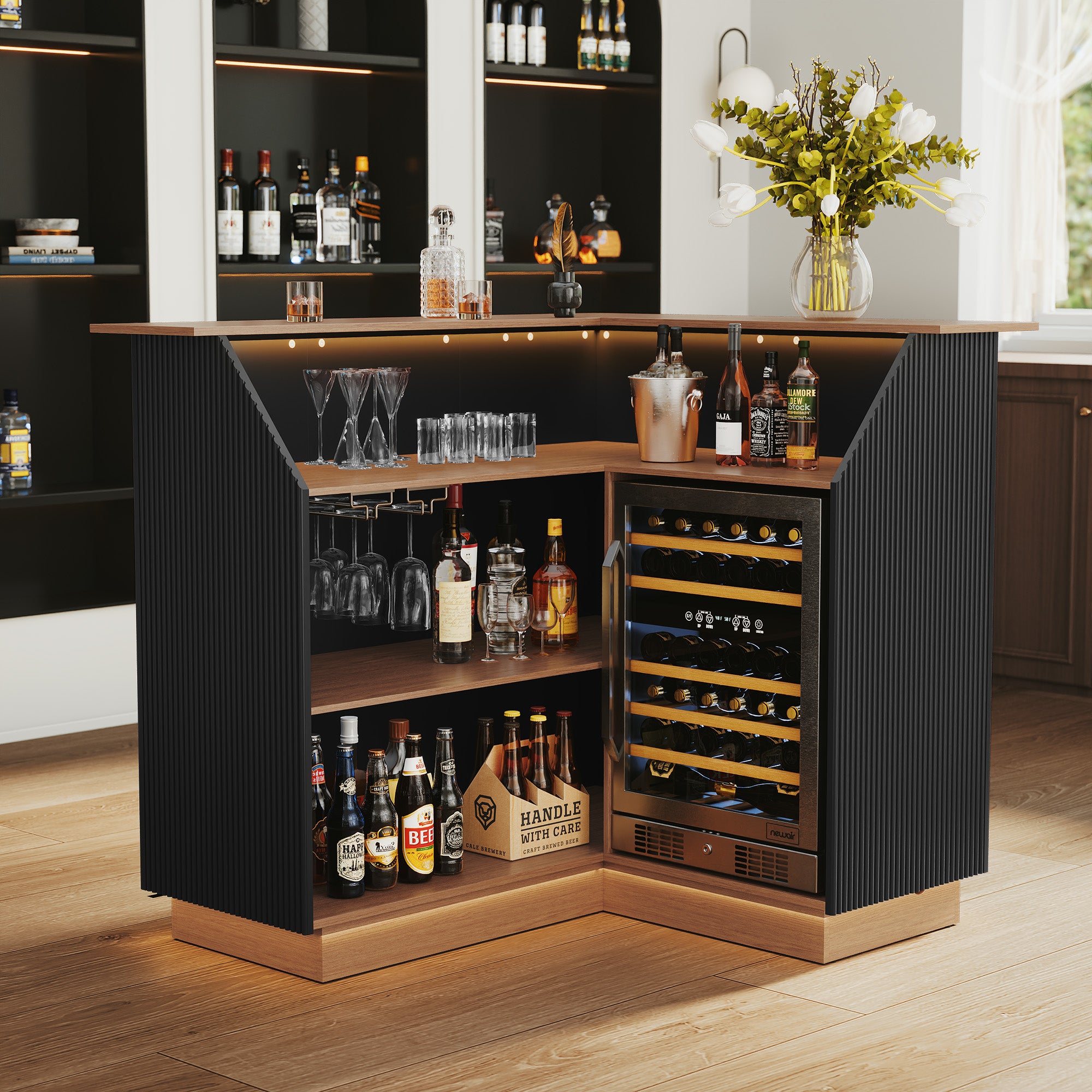 HLR L-Shaped Home Bar Cabinet with Fridge Space, 4-Tier Corner Bar Unit Wine Cabinet with Storage