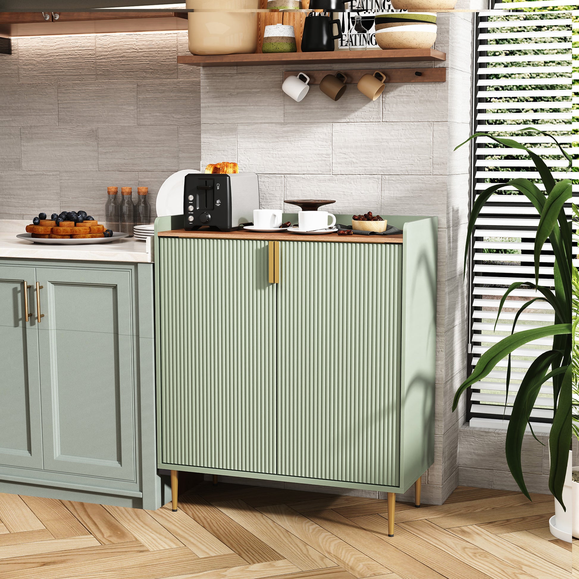 HLR 32"W Wine Bar Cabinet with 2 Door Fluted Texture, Modern Coffee Cabinet with Rack&Glass Holder,Sage Green