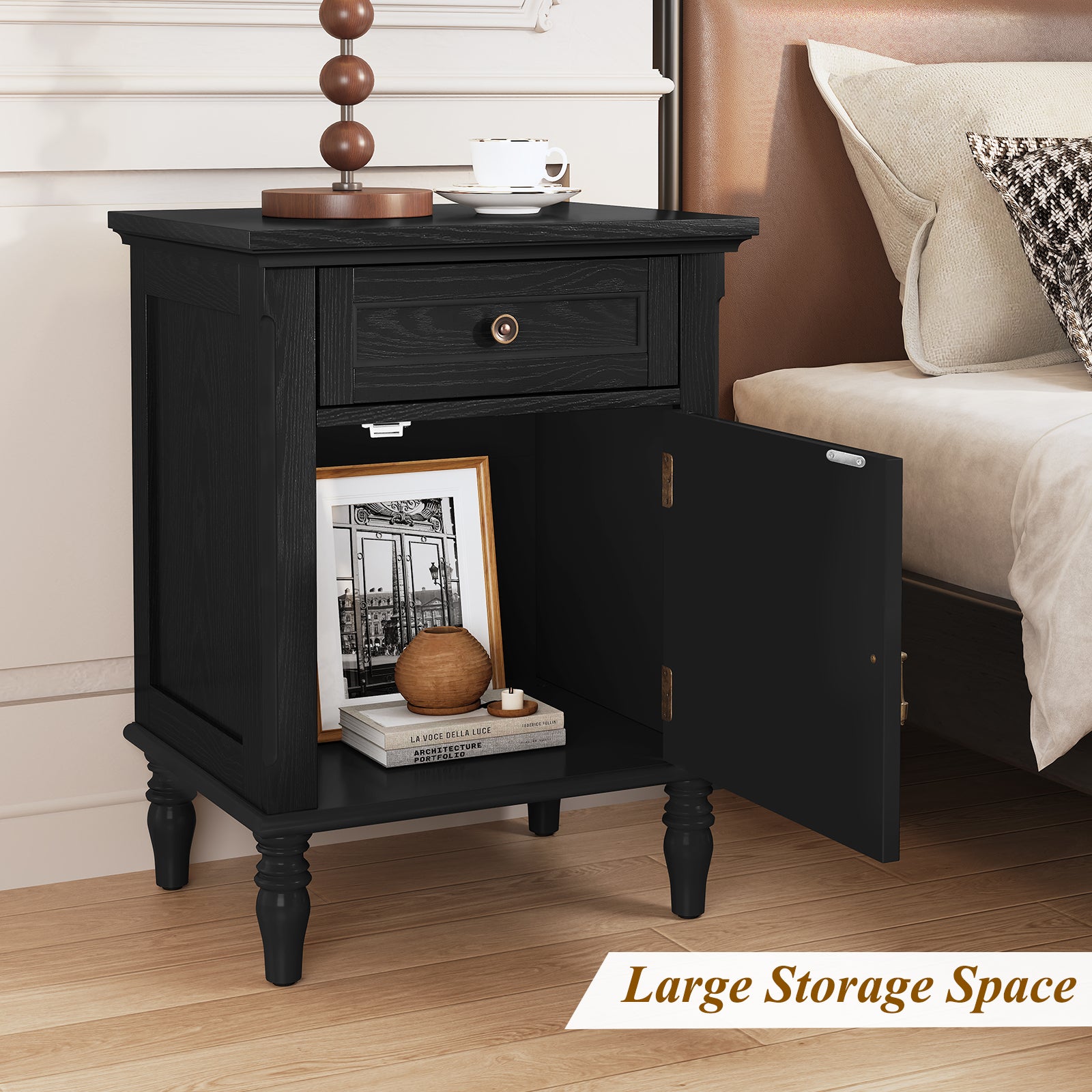 HLR 25"H Nightstands Set of 2, Modern Retro Bedside Table with Drawer, End Table for Bedroom, Black