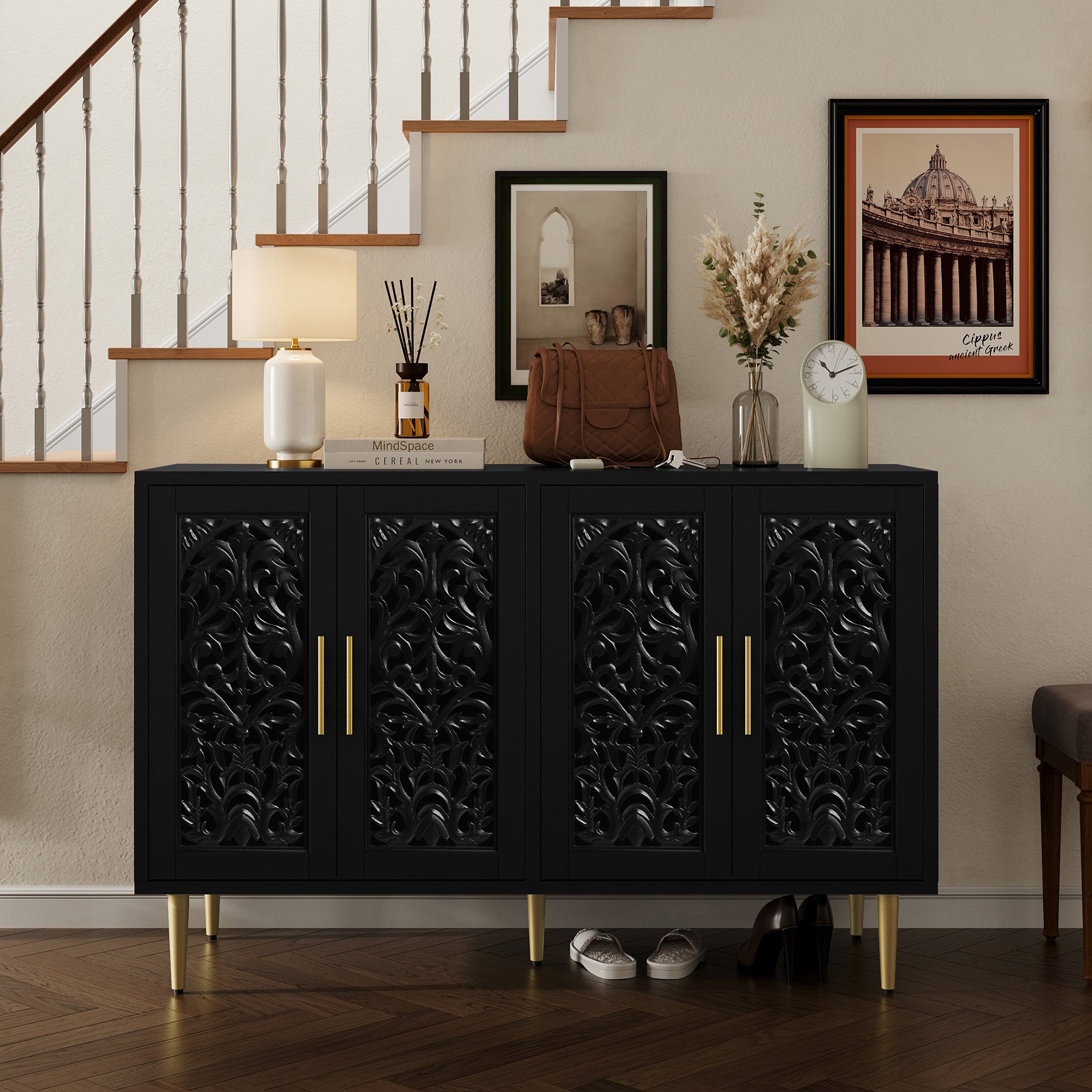 HLR 48" Accent Cabinet with 4 Doors, Vintage Hollow Carving Storage Credenza, Sideboards and Buffets Cabinet for Living Room, Kitchen, Dining Room, Entryway,Black