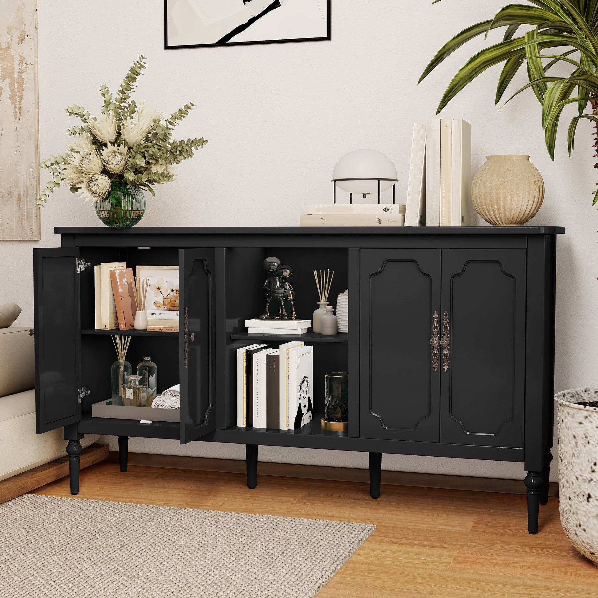 HLR 59" Mid Century Modern Storage Cabinet with Shelf, Vintage Large Sideboard Buffet Cabinet with 4 Doors, Black