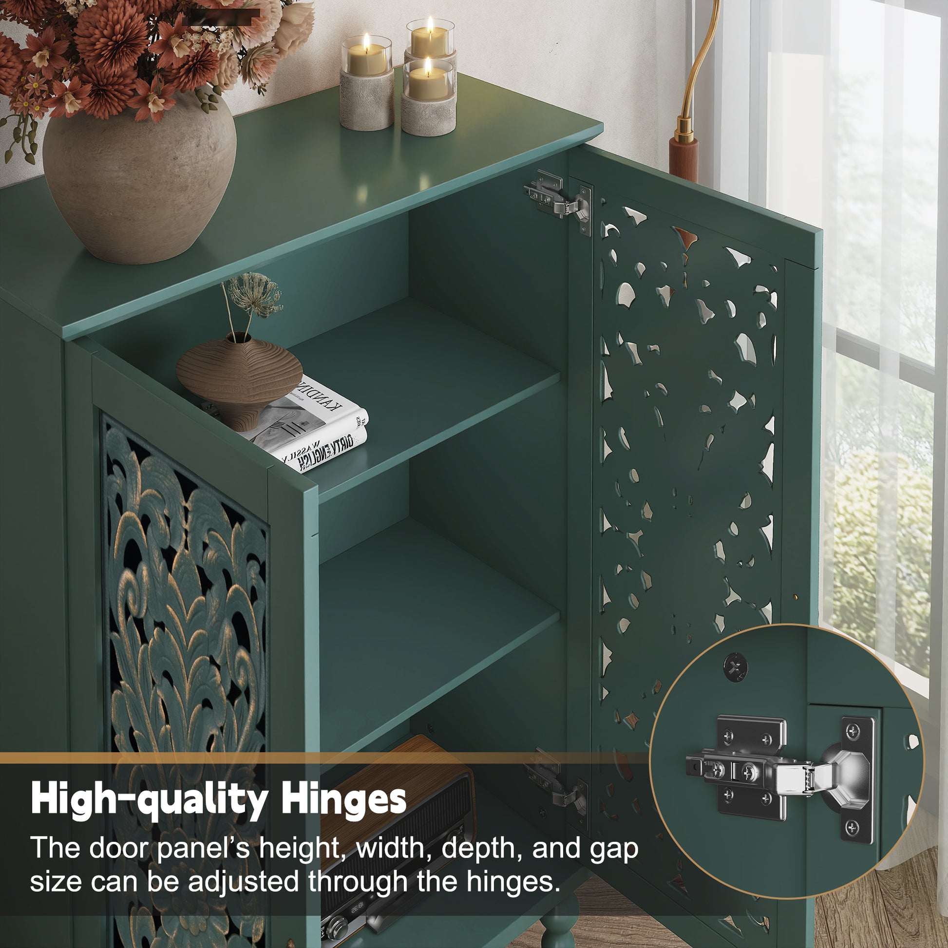 HLR Buffet Cabinet with Storage Accent Sideboard, Modern Hollow 2 Doors Credenza for Dining Room, Green