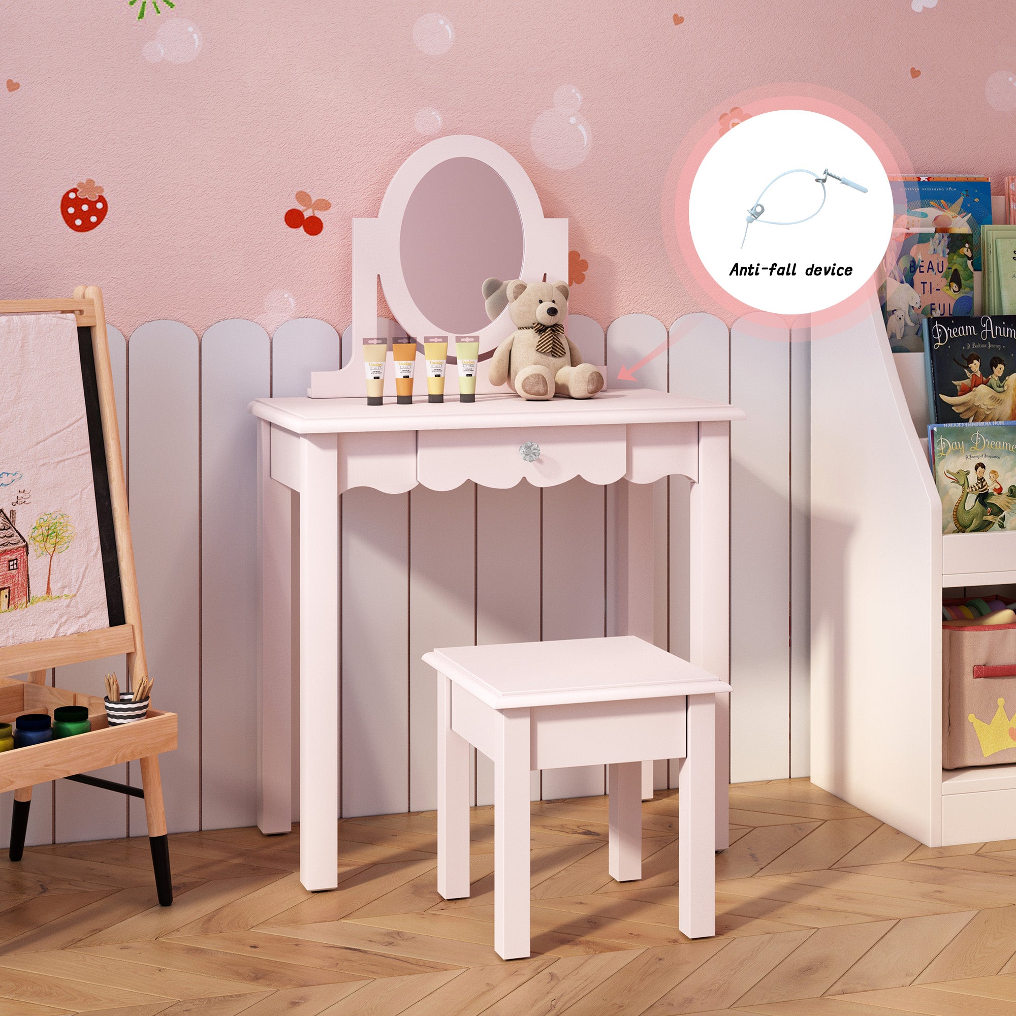 CBJCBJ Kids Vanity Set with Mirror and Stool（Detachable Top）, Wooden 2 in 1 Princess Makeup Desk Dressing Table,Pink