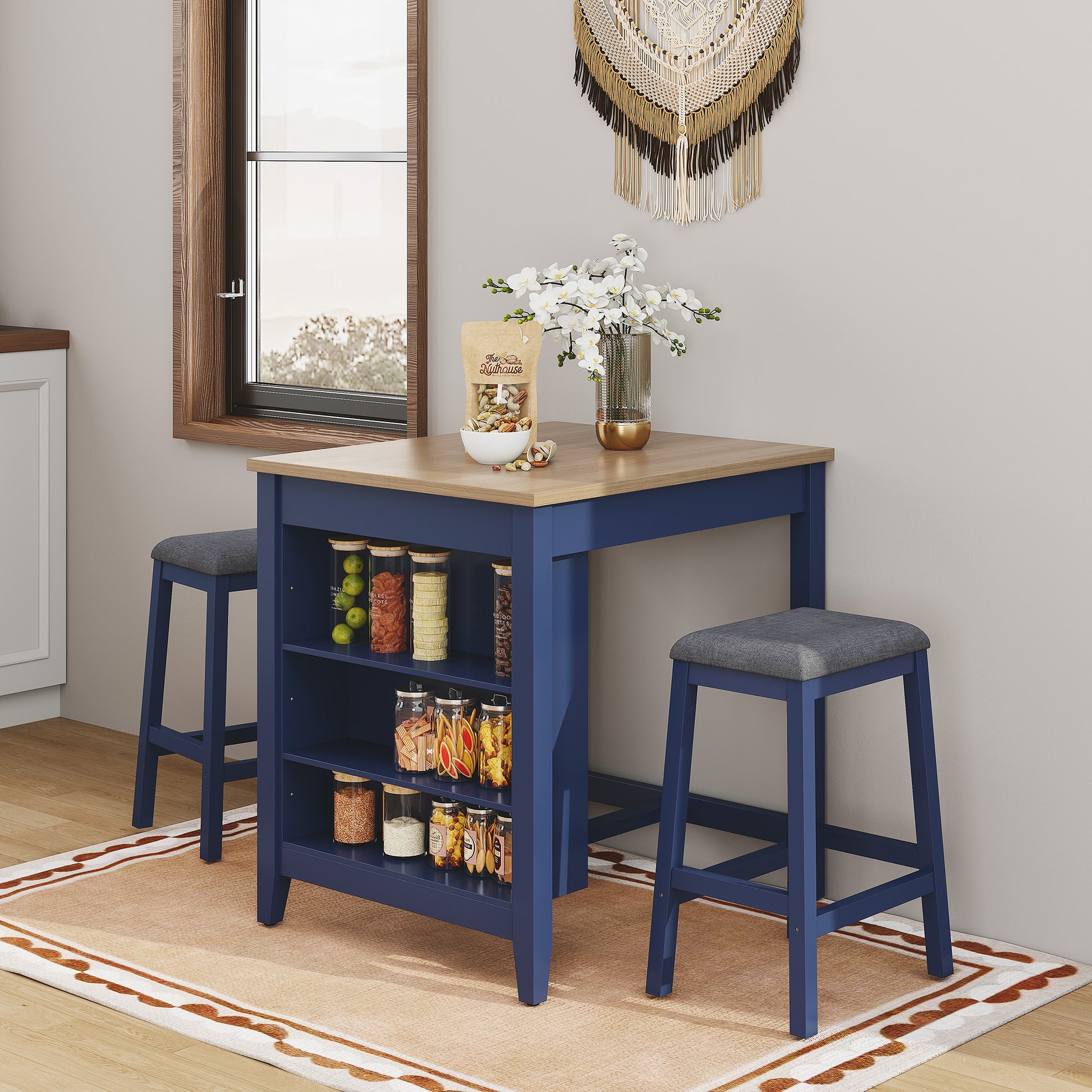 HLR Farmhouse Dining Table Set for 2, Small Kitchen Table Chairs Set of 2 with Tufted for Apartment, Blue