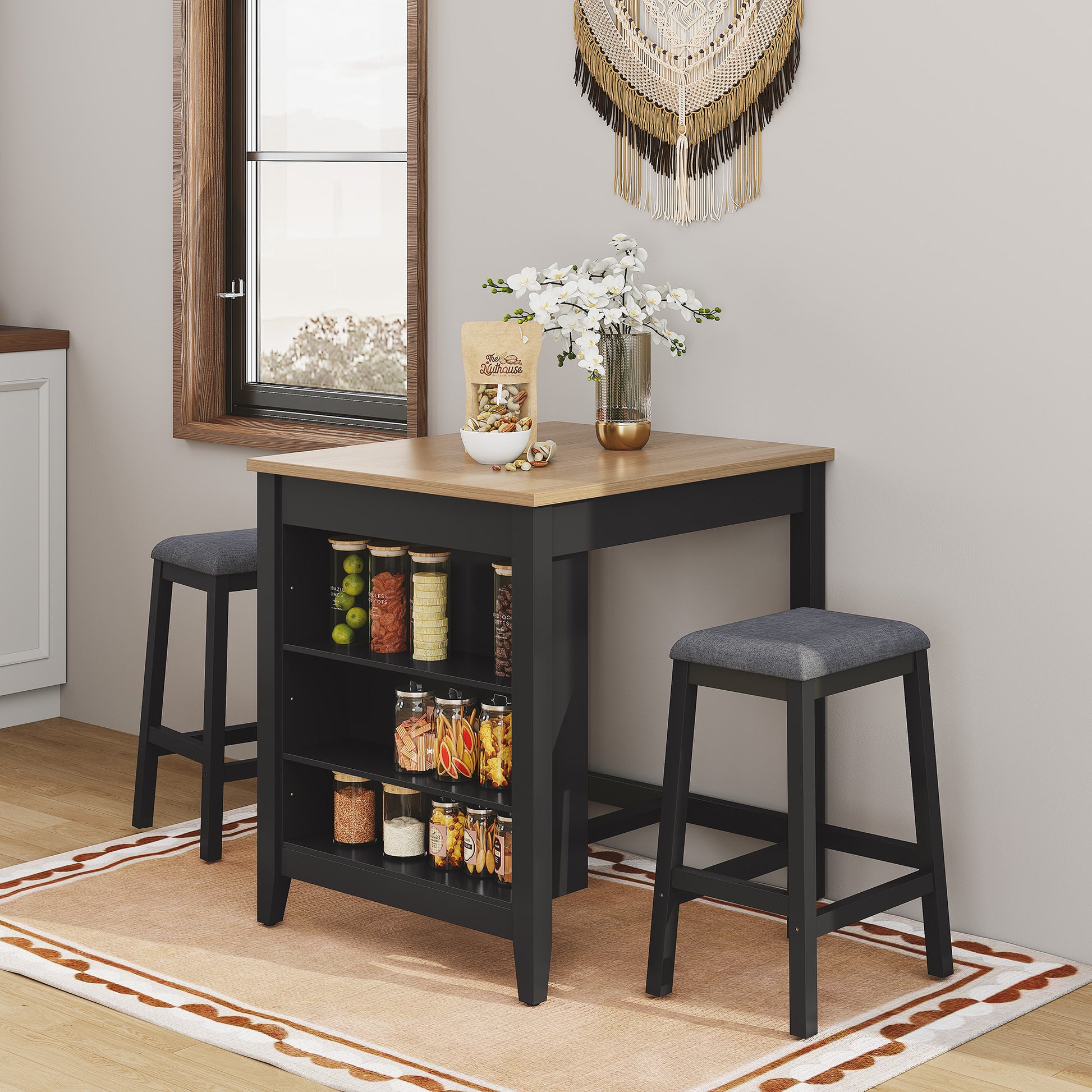 HLR Farmhouse Dining Table Set for 2, Small Kitchen Table Chairs Set of 2 with Tufted for Apartment, Black