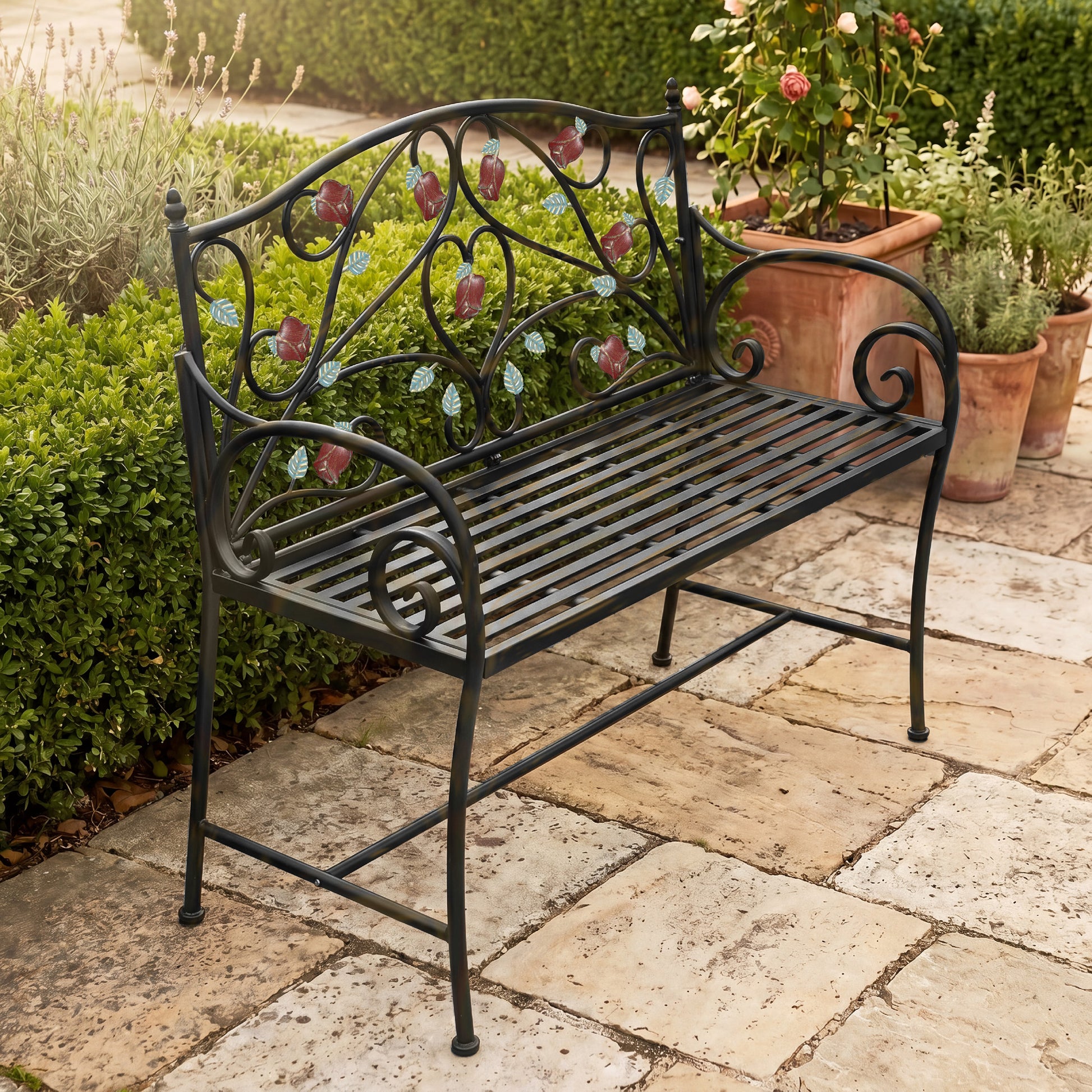 CBJCBJ 42" Waterproof Outdoor Bench ,Indoor Entryway Stools with Metal Rose Design, for Gardens/ Lawns,Black