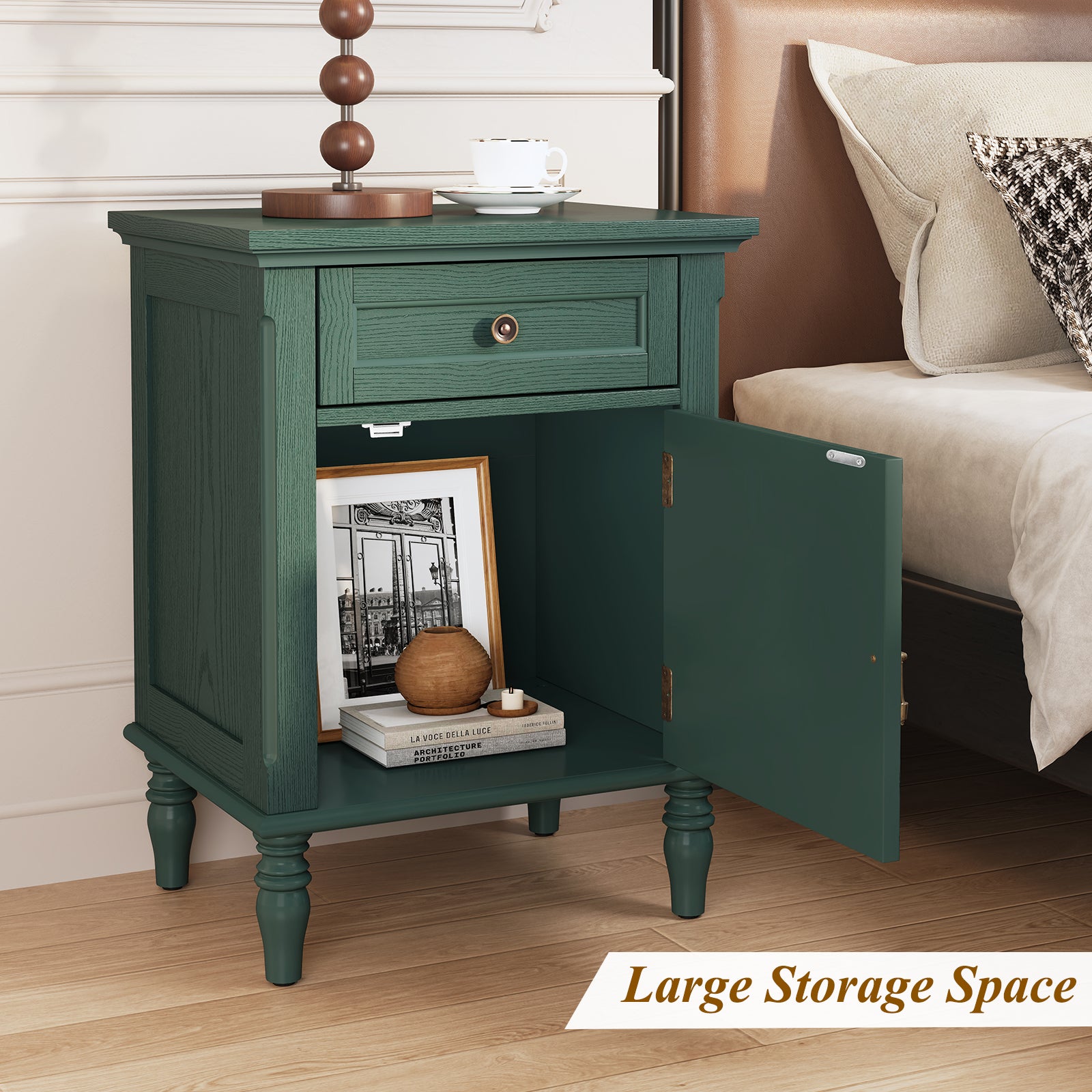 HLR 25"H Nightstands Set of 2, Modern Retro Bedside Table with Drawer, End Table for Bedroom, Green