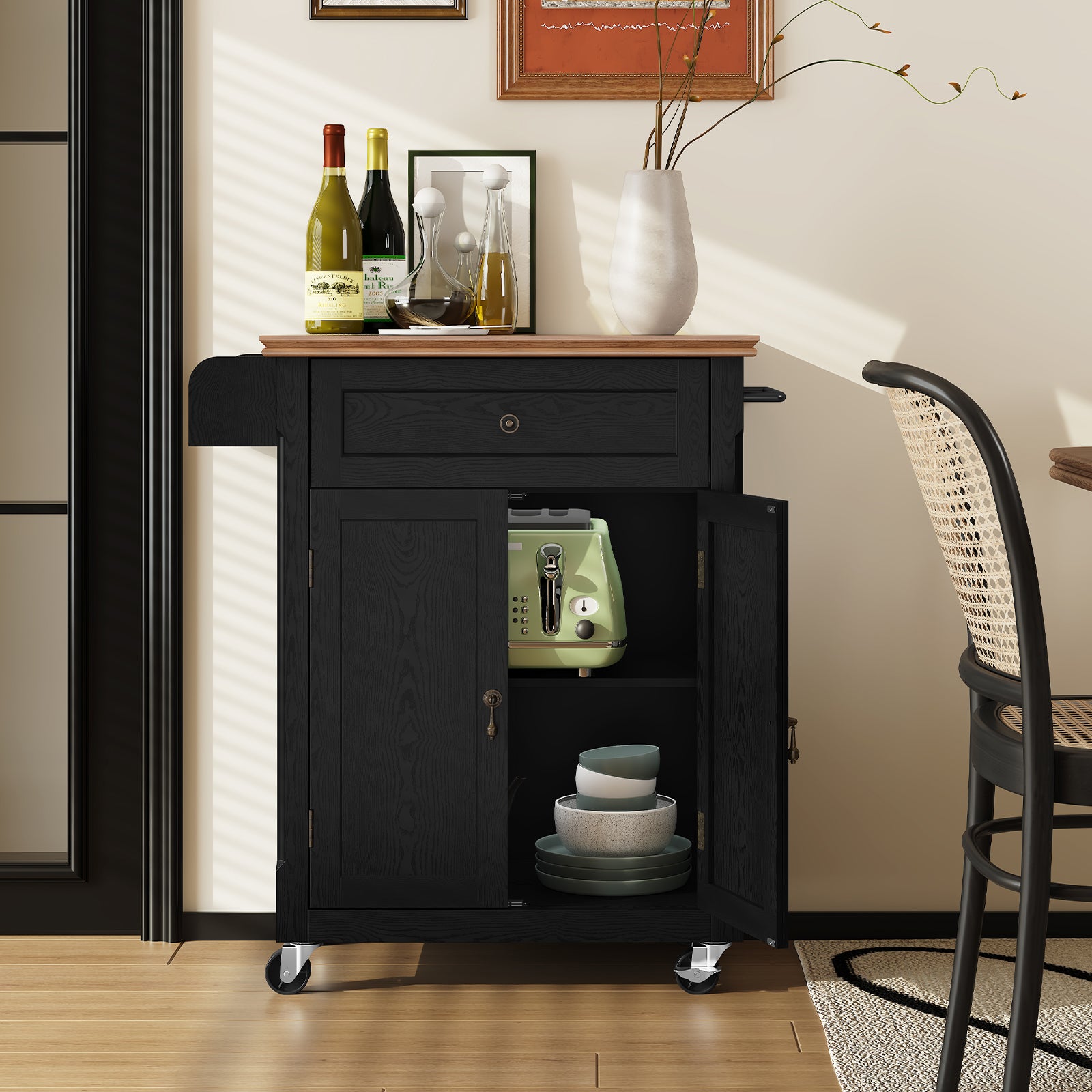 CBJCBJ Kitchen Islands Cart on Wheels with Storage, Wood Microwave Table with Drawers and Spice Box , for Dining Room,Black