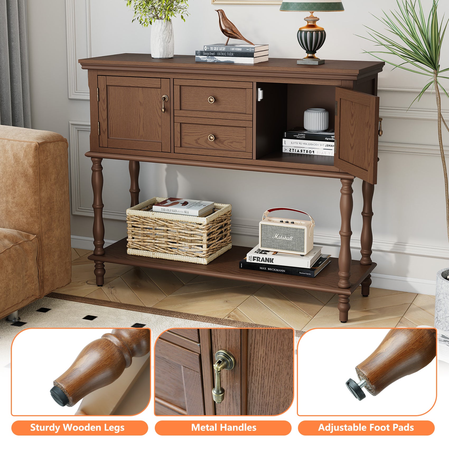 CBJCBJ 42'' Farmhouse Console Table , 2 Drawer Narrow Long Entryway Table with Open Storage Shelf , for Living Room,Brown
