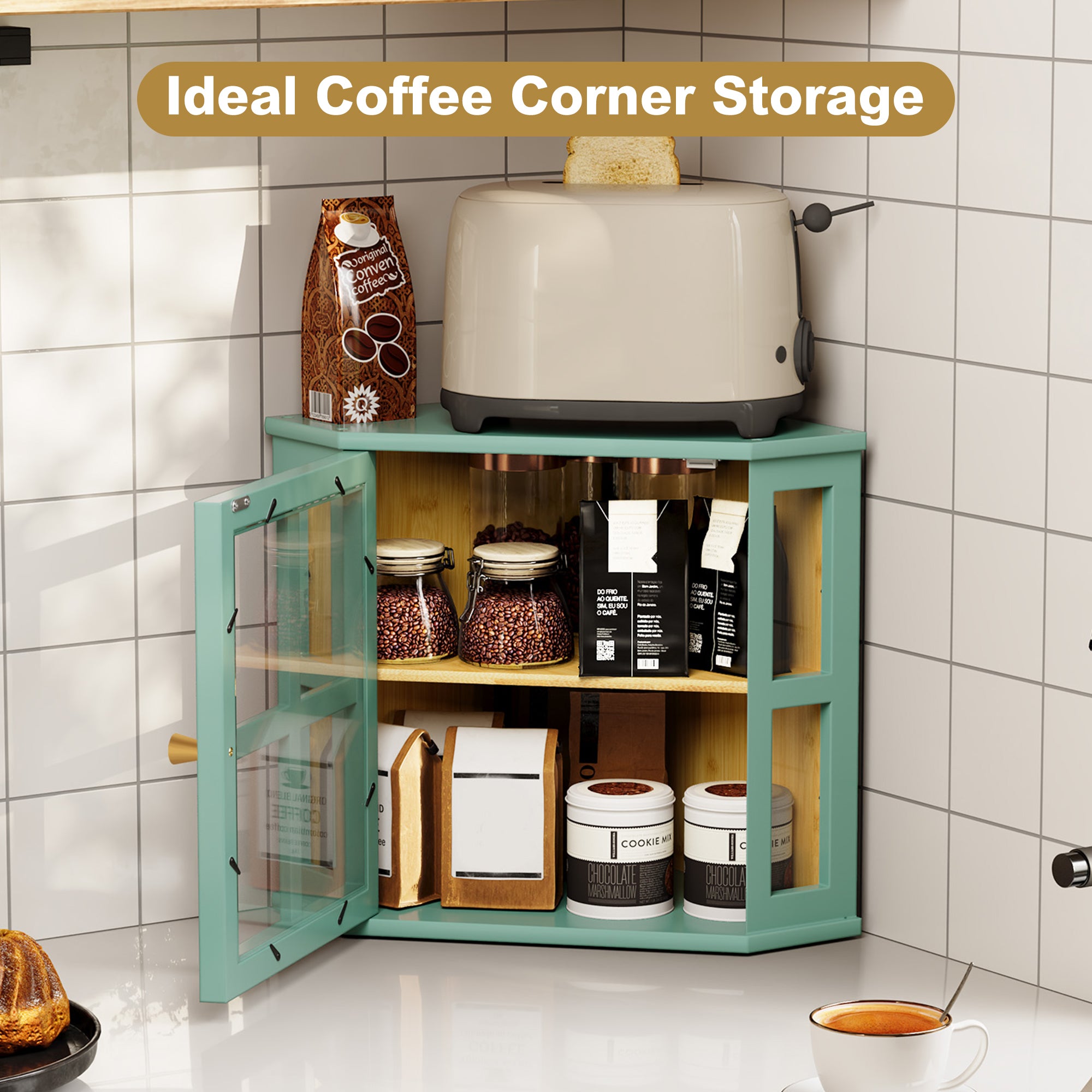 CBJCBJ Bamboo Bread Box, 2-Tier Countertop Storage Rack, Modern Retro Pantry Decor,Green