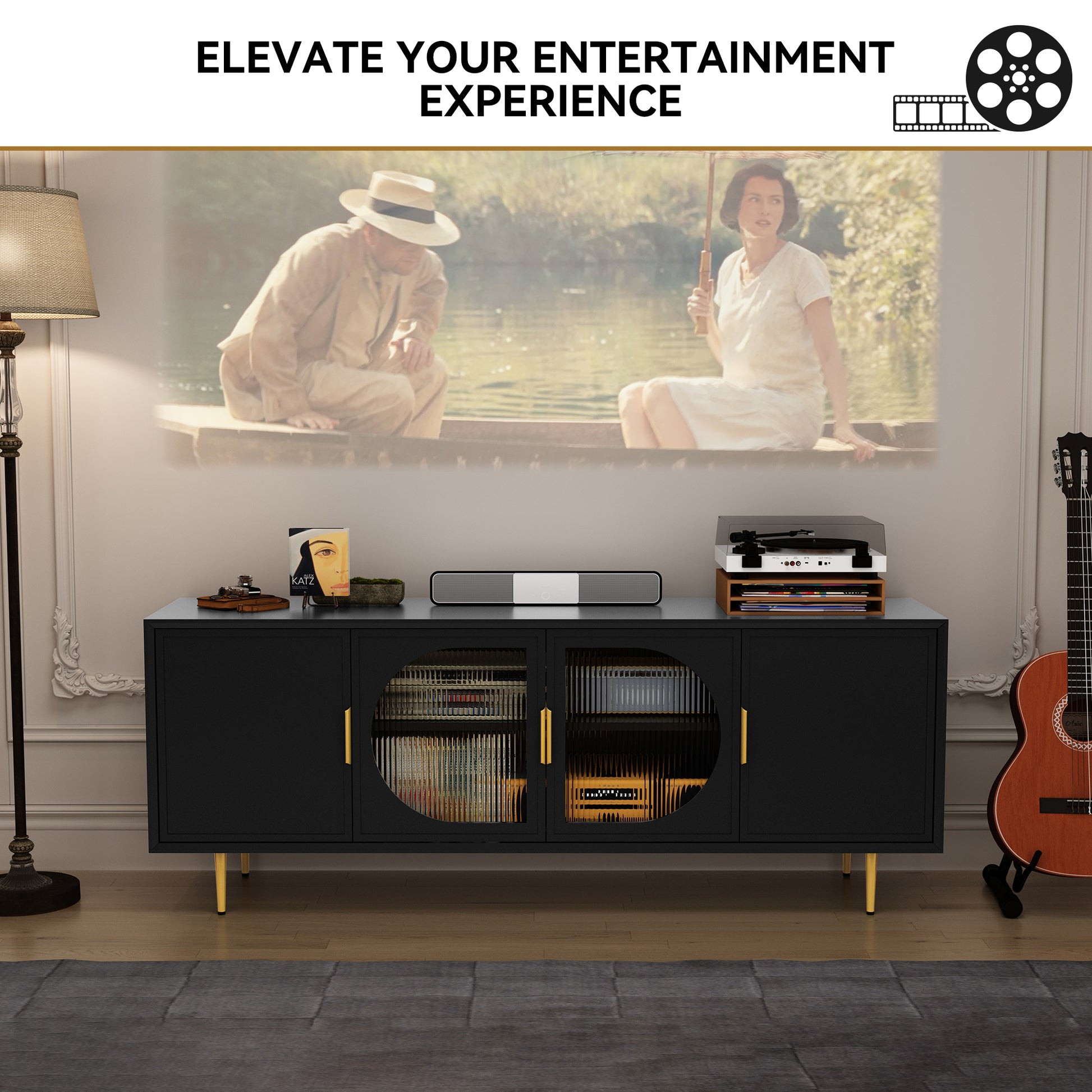 CBJCBJ 66" TV up to 75" Stand for Living Room, Entertainment Center with Glass Storage Cabinet,Black
