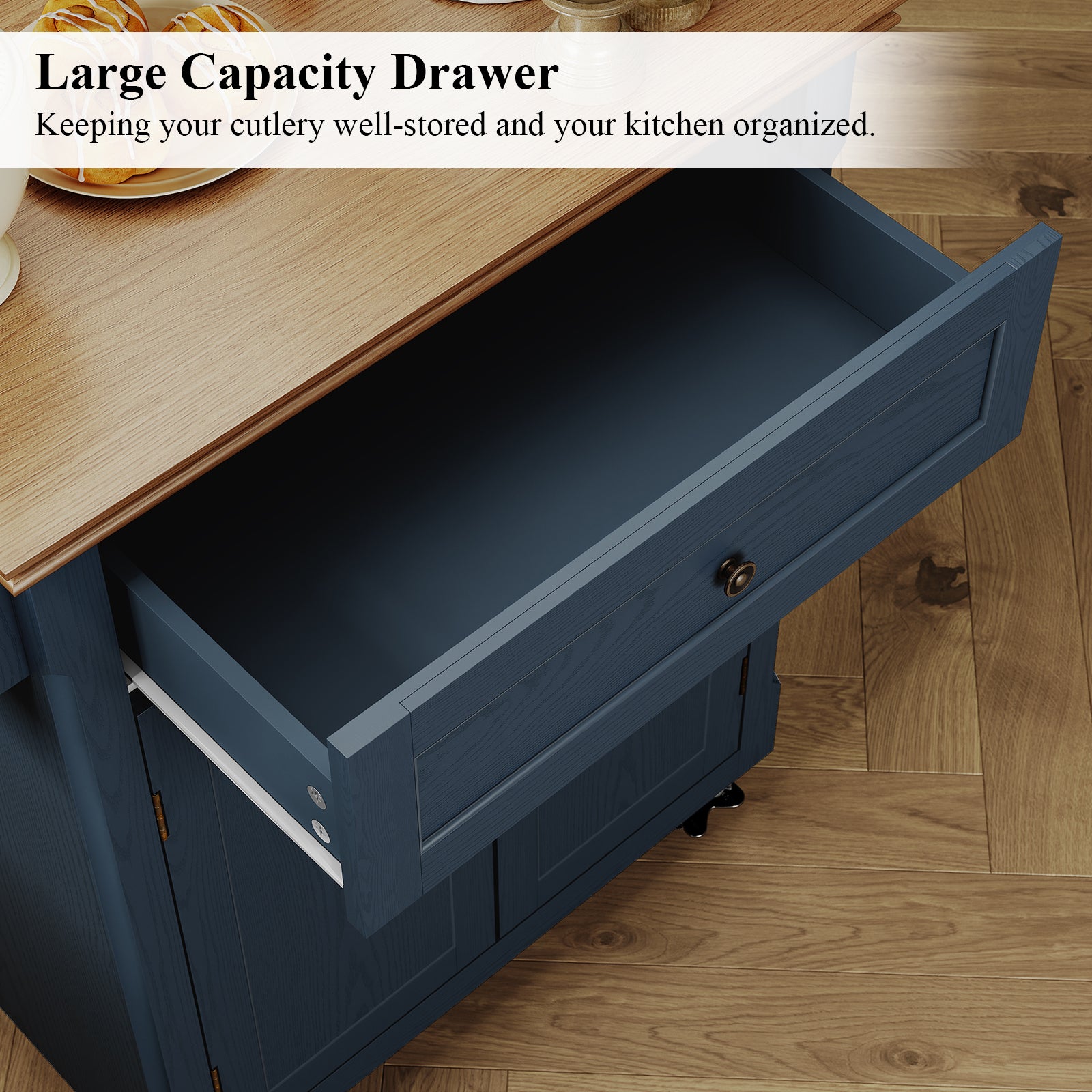 HLR Small Kitchen Islands Table with Storage, Rolling Wood Microwave Cart on Wheels for Dining Room, Blue