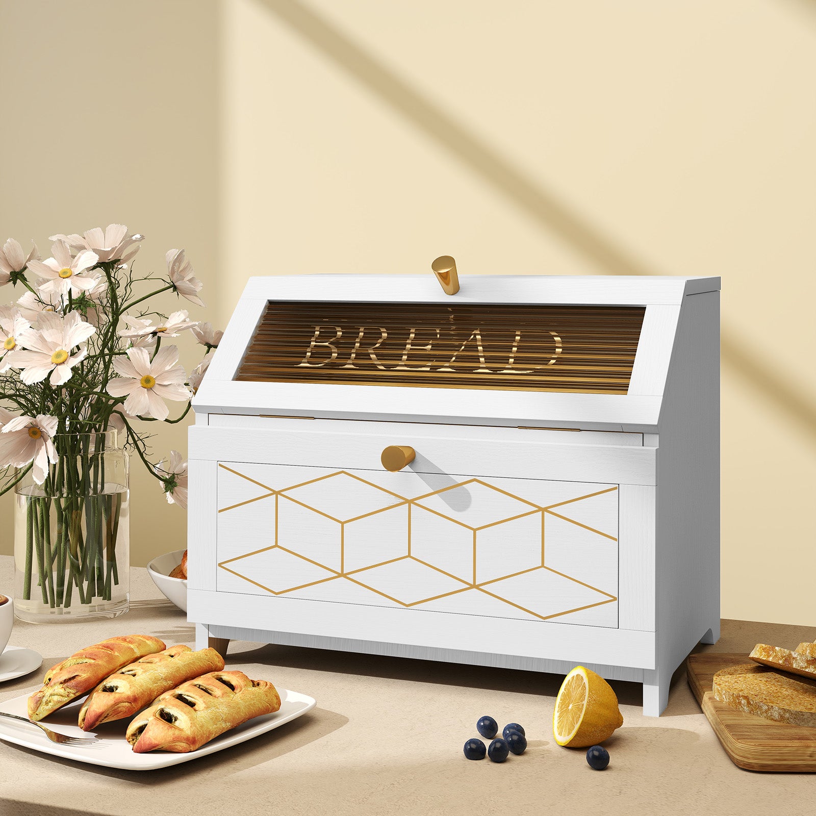 CBJCBJ 15.1" Gold-Trimmed Wooden Bread Box, Double Layer Kitchen Counter Organizer, Vintage Farmhouse Storage