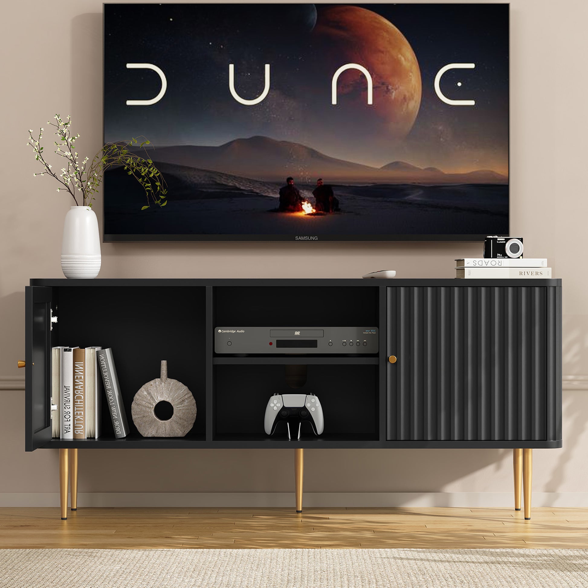 CBJCBJ Modern Fluted 55" TV Stand for 65inch TV with Storage, Entertainment Center for Living Room, BLACK