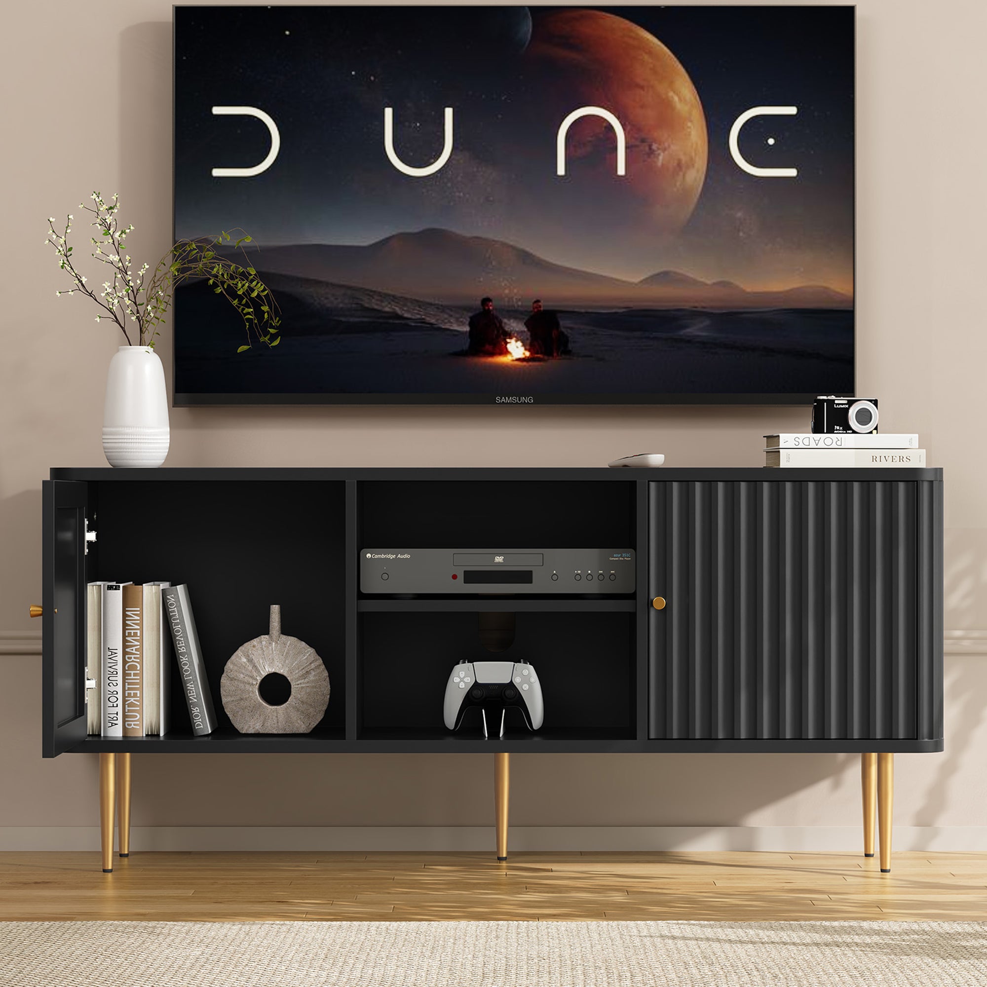 CBJCBJ Modern Fluted 55" TV Stand for 65inch TV with Storage, Entertainment Center for Living Room, BLACK