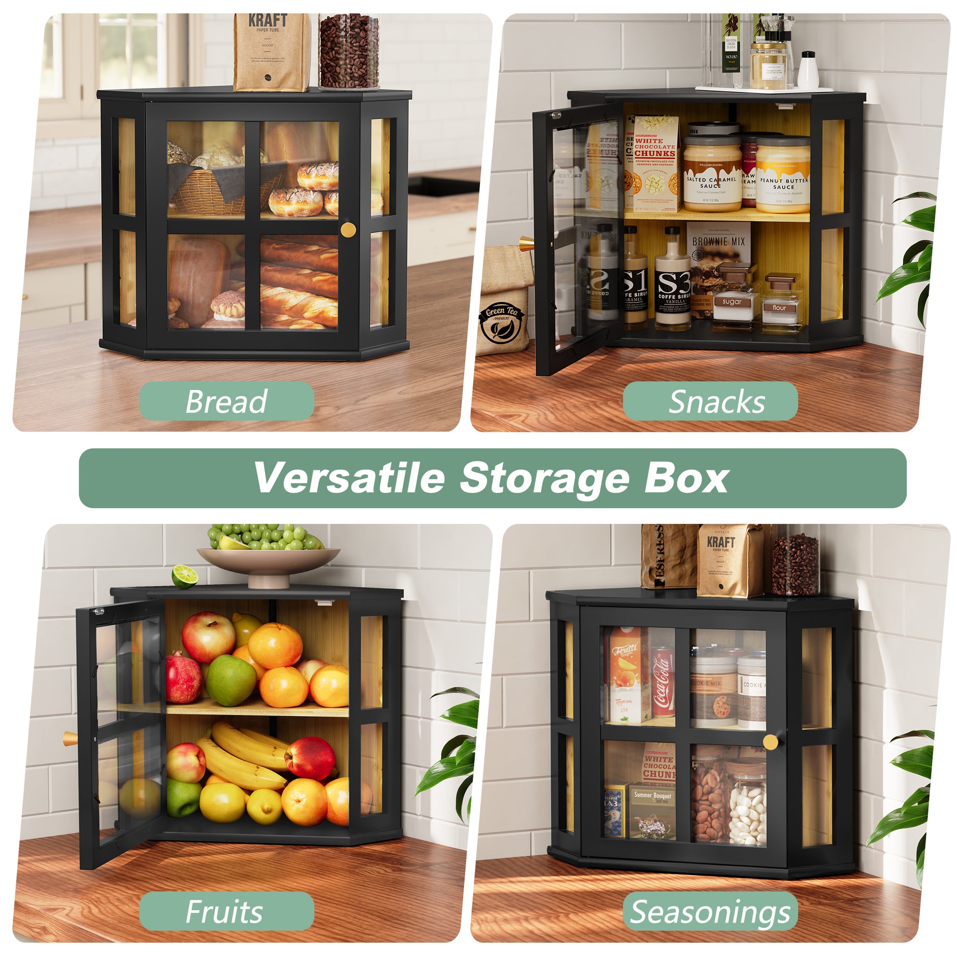 HLR Double Layer Bamboo Bread Box for Kitchen Counter, Large Capacity Bread Storage Bin with Acrylic Door, Black