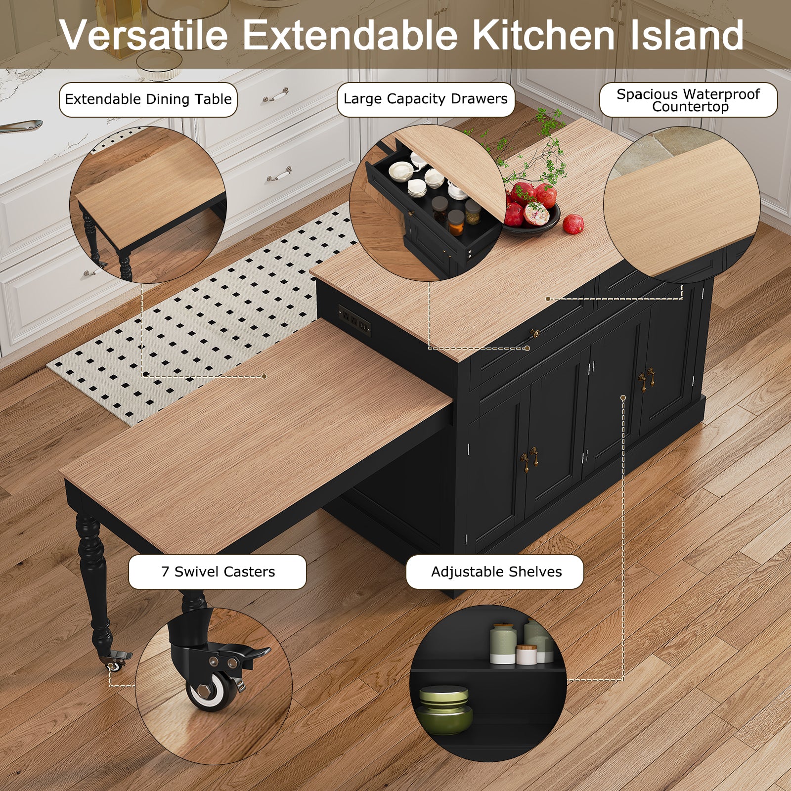 CBJCBJ Modern Extendable Kitchen Islands on Wheels with Power Outlet, Dining Table Cart with 4 Doors Storage, Black
