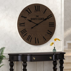 HLR 35.5” Farmhouse Large Shiplap Round Wall Clock with Roman Numeral for Living Room Decor, Brown