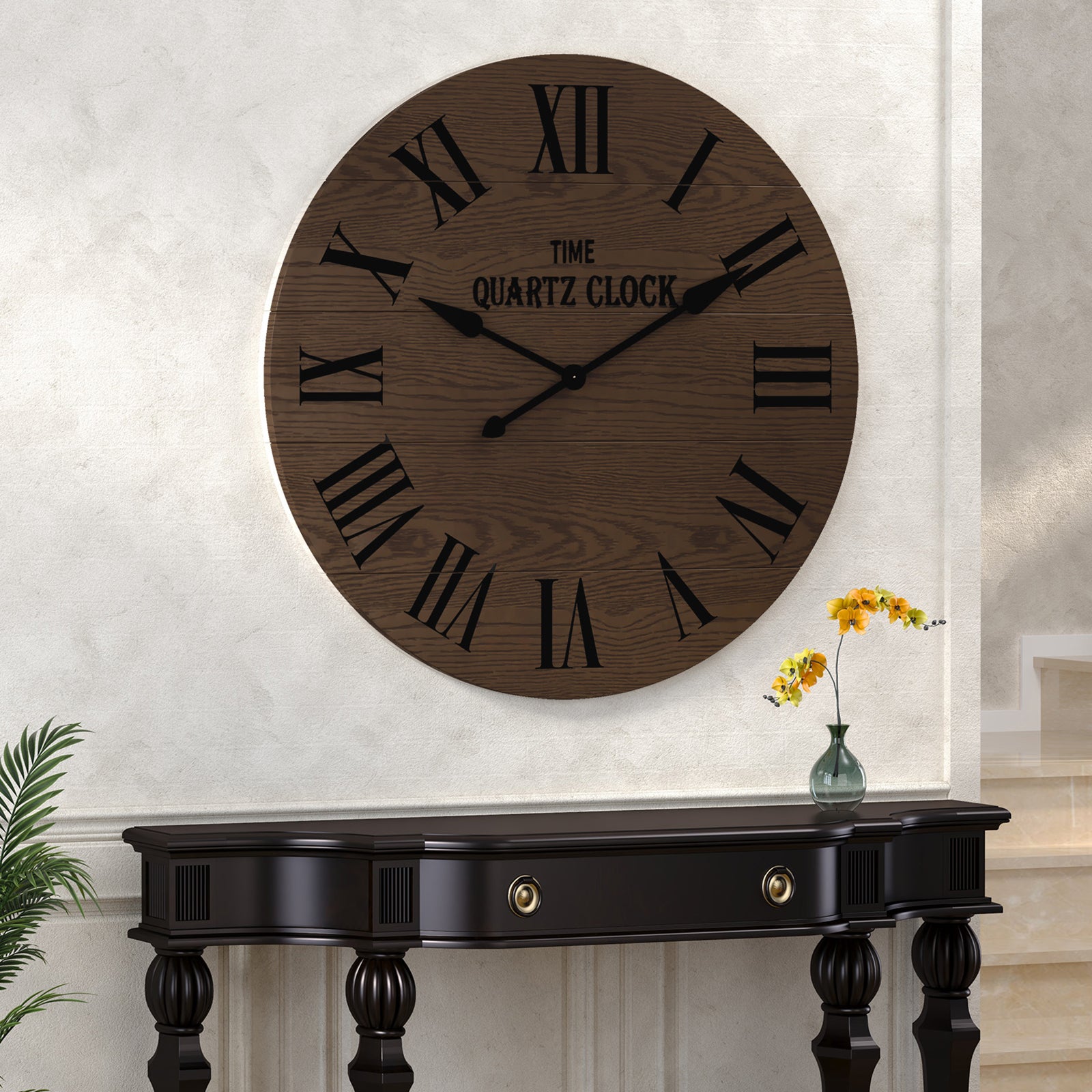 HLR 35.5” Farmhouse Large Shiplap Round Wall Clock with Roman Numeral for Living Room Decor, Brown