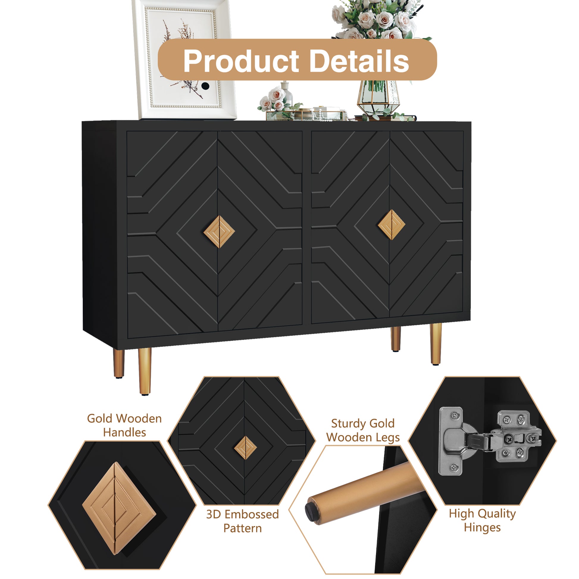 HLR Black 48" Modern Accent Sideboard Buffet Cabinet with 4 Doors Storage & Shelves for Kitchen