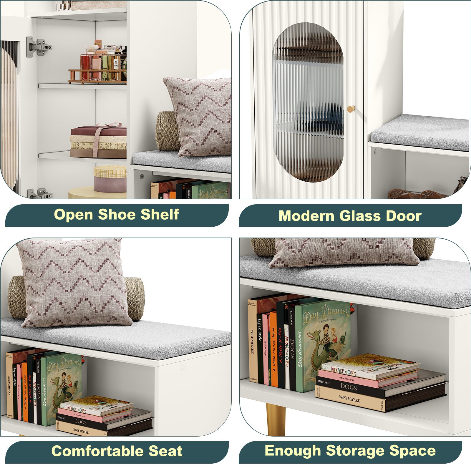 CBJCBJ Modern Storage Bench with Glass Door & Shelf - L-Shaped Entryway Cabinet, Padded Seat for Hallway/Bedroom/Office,Green