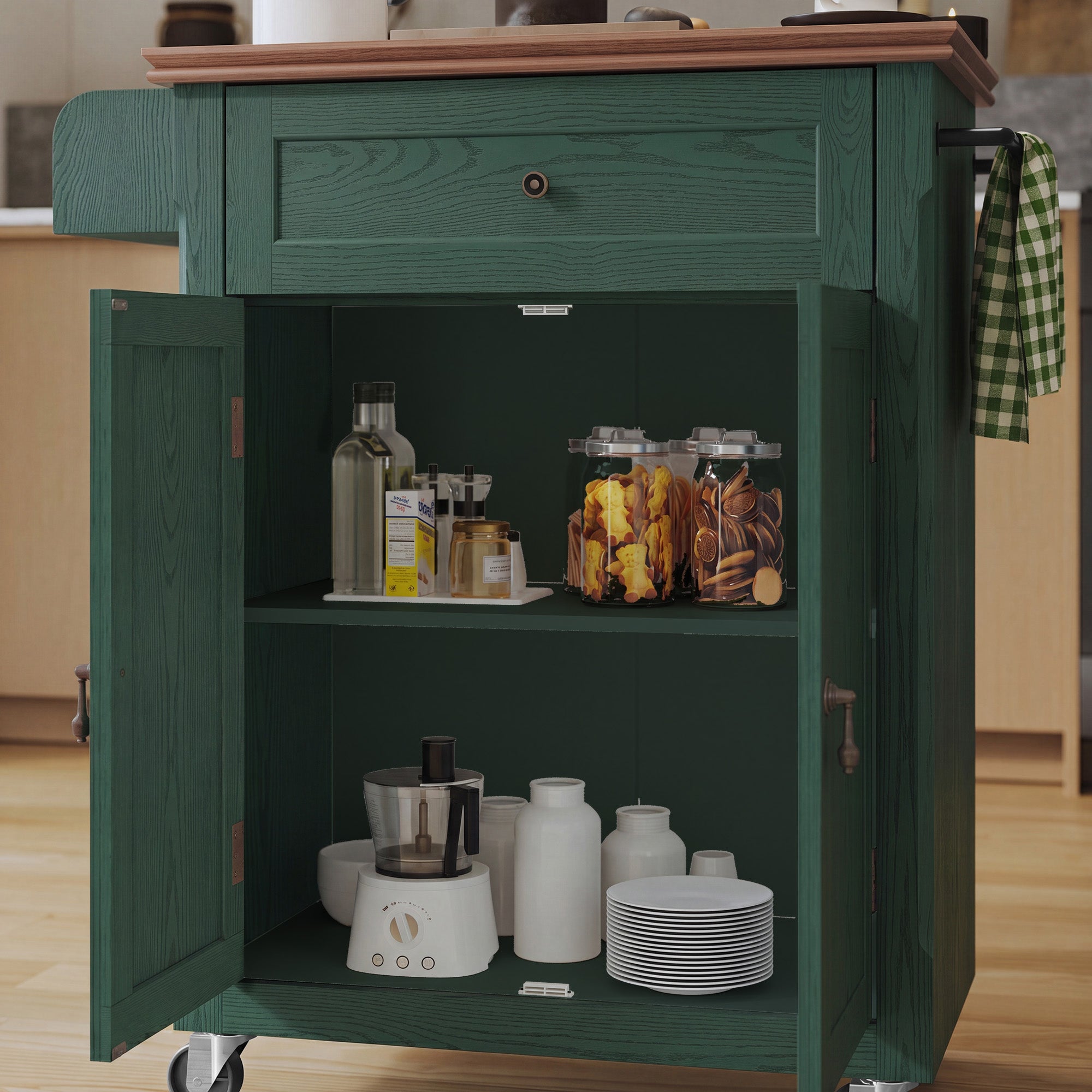 HLR Small Kitchen Islands Table with Storage, Rolling Wood Microwave Cart on Wheels for Dining Room, Green