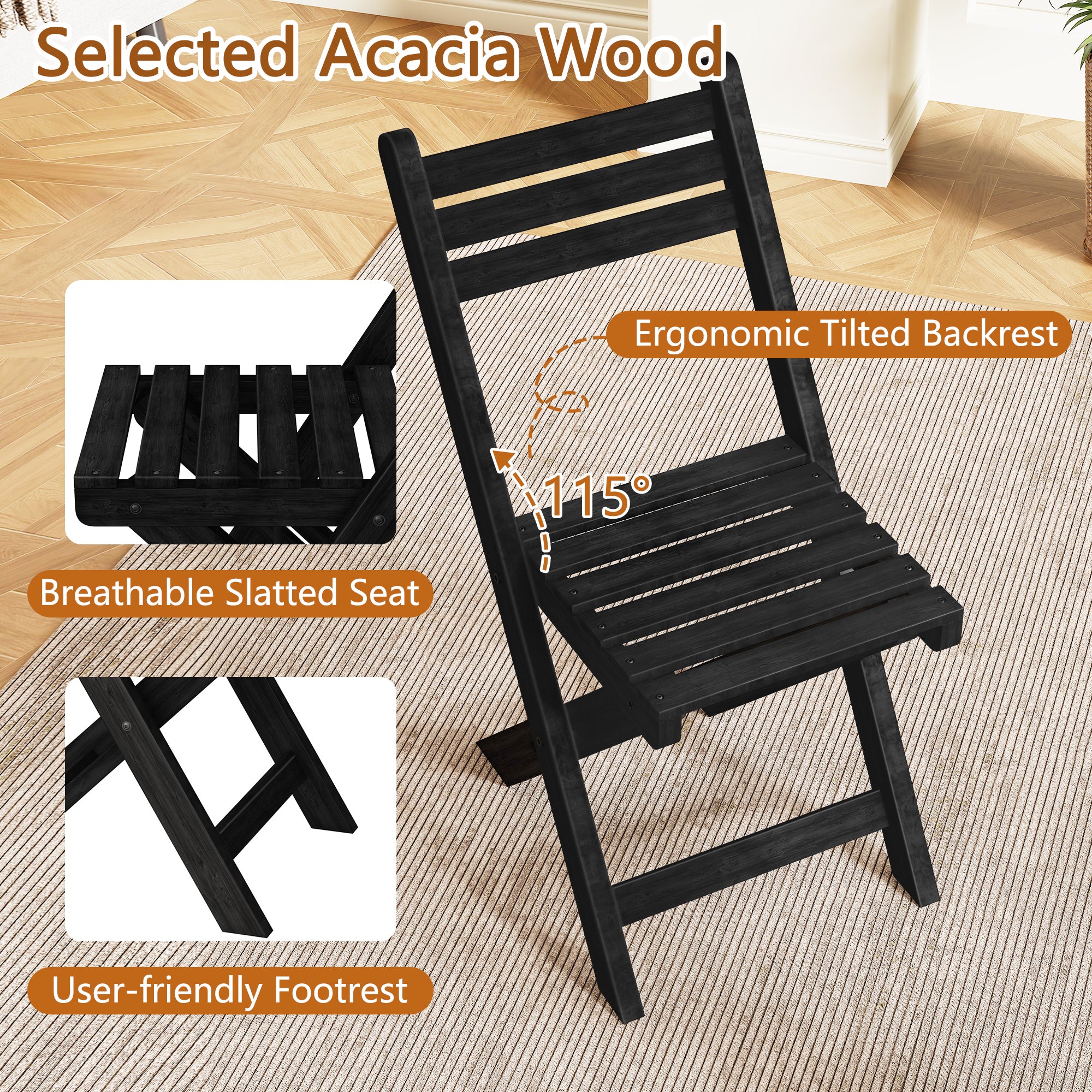HLR 3-Piece Folding Bistro Table and Chairs Set, Outdoor Patio Solid Wood Furniture Sets with Table Outdoor Garden, Black