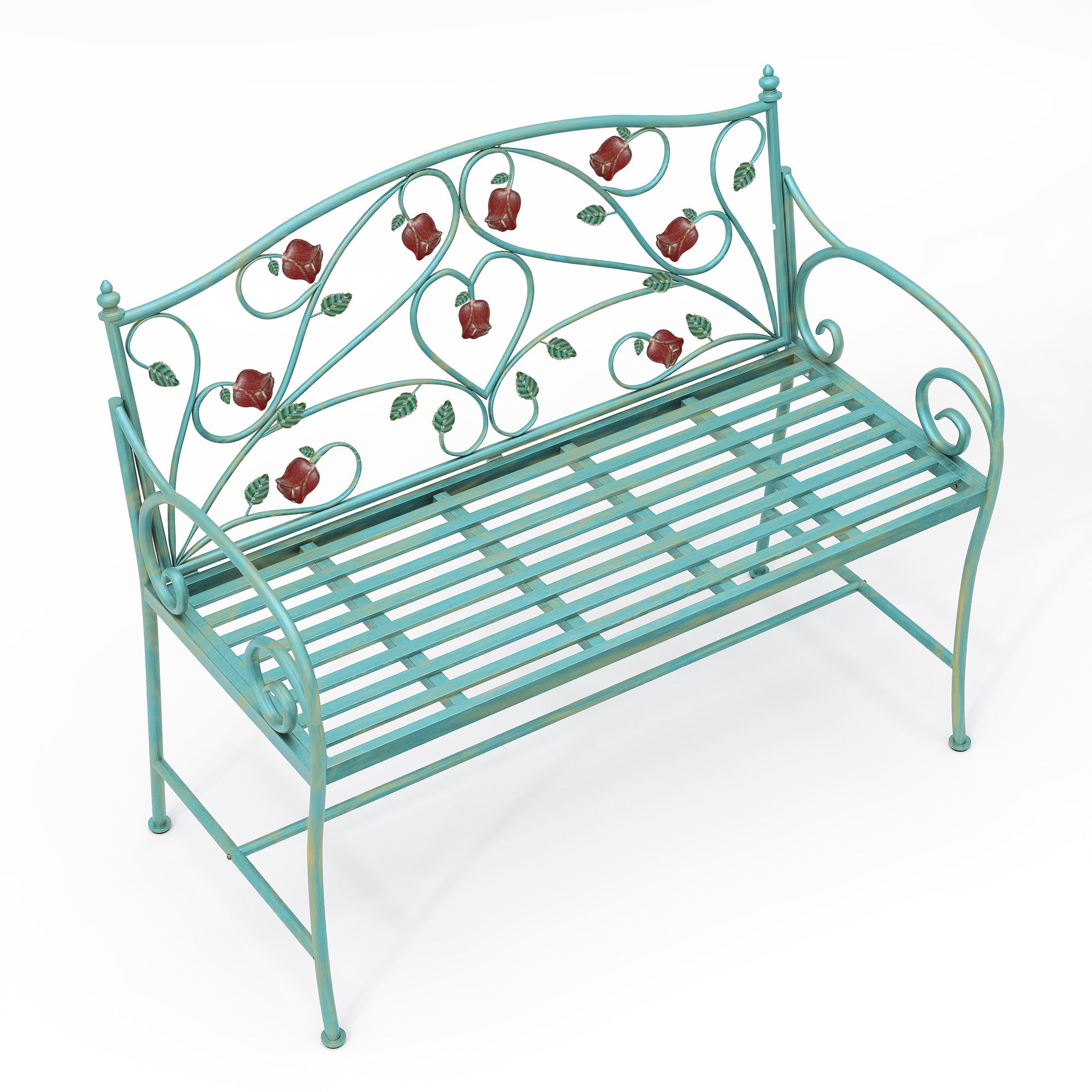 HLR Farmhouse Outdoor Bench with Rose Pattern, 41.7'' Metal Frame Patio Garden Chair Cast Iron, Light Blue