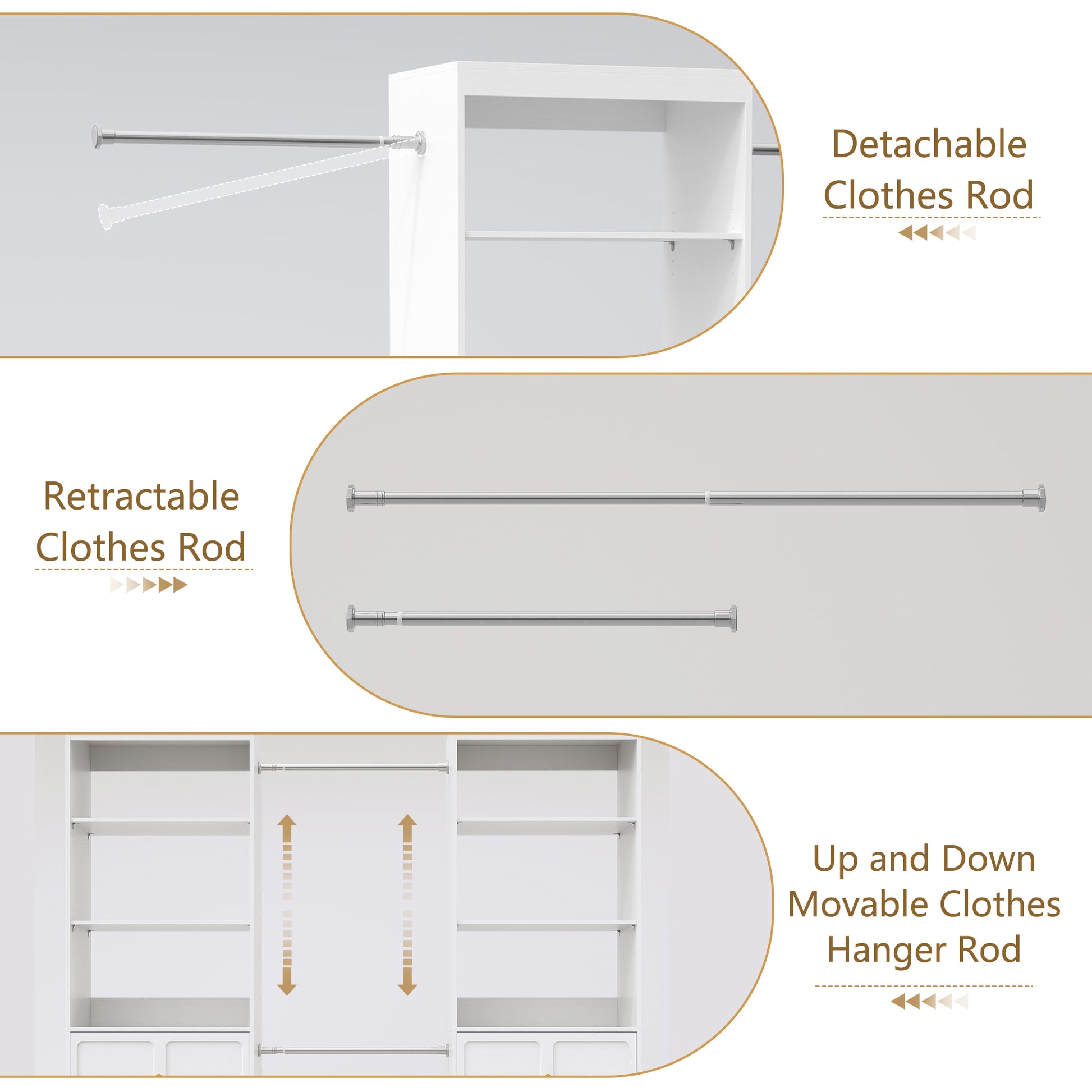 HLR Open Wardrobe Closet System with Adjustable Hanging Rods, Storage Cabinet with Drawers and Shelves, White