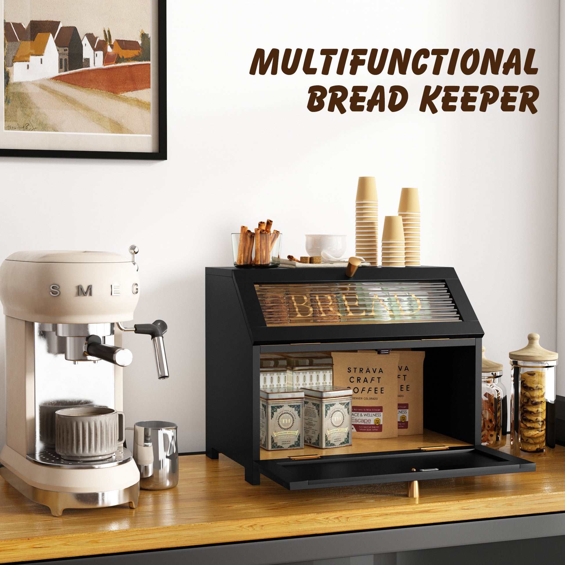 HLR Large Bread Box, Wood 2-layer Bread Box Storage for Kitchen Counter, with Bar Pattern Windows, Black
