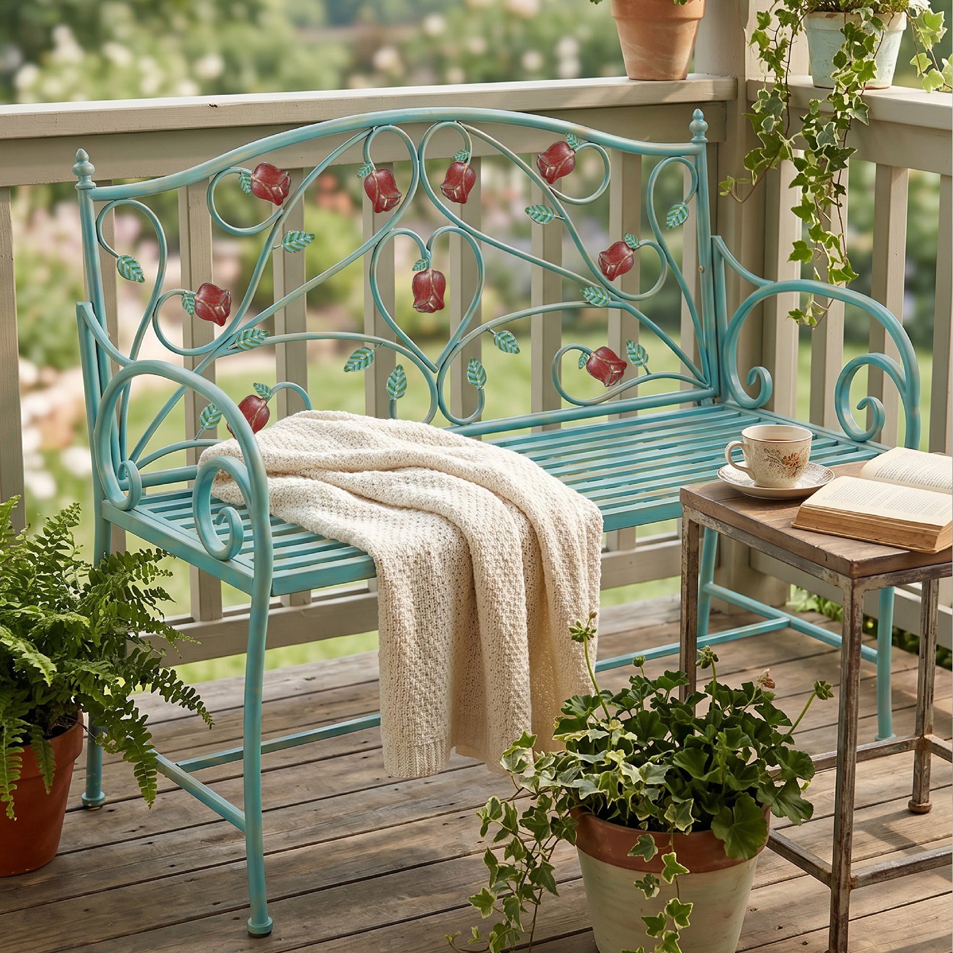 CBJCBJ 42" Waterproof Outdoor Bench ,Indoor Entryway Stools with Metal Rose Design, for Gardens/ Lawns,Blue