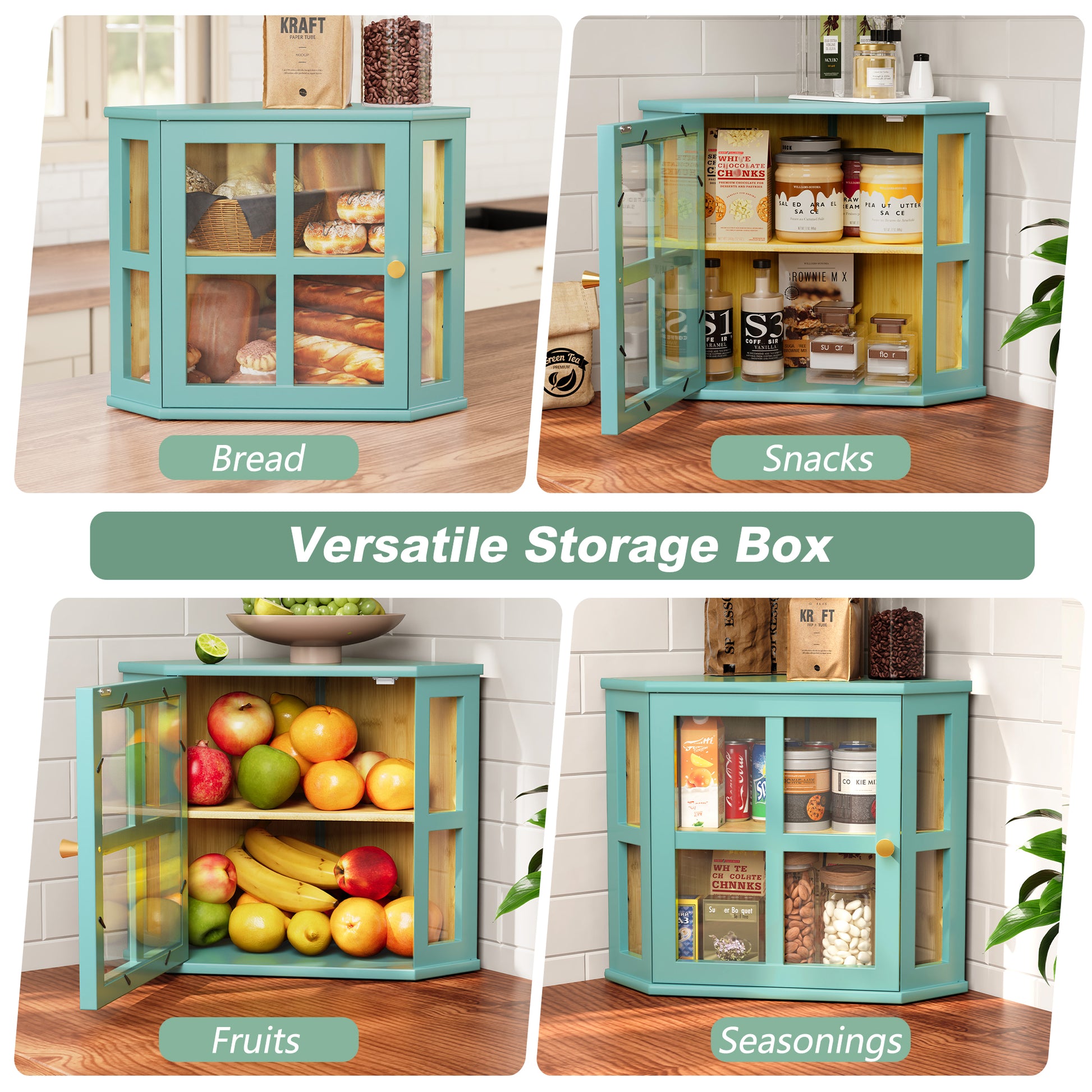 CBJCBJ Bamboo Bread Box, 2-Tier Countertop Storage Rack, Modern Retro Pantry Decor,Blue
