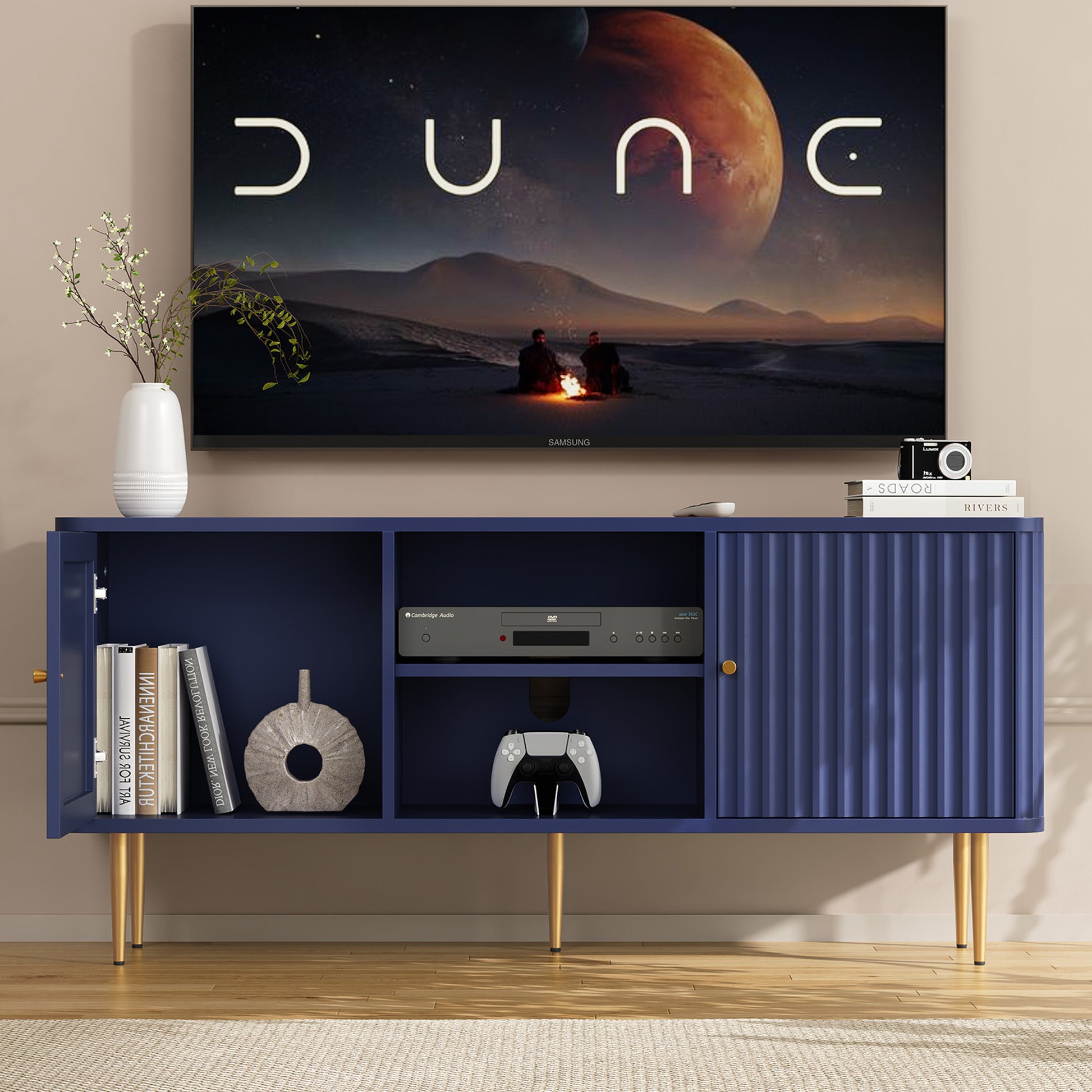 CBJCBJ Modern Fluted 55" TV Stand for 65" TV with Storage, Entertainment Center for Living Room, Blue