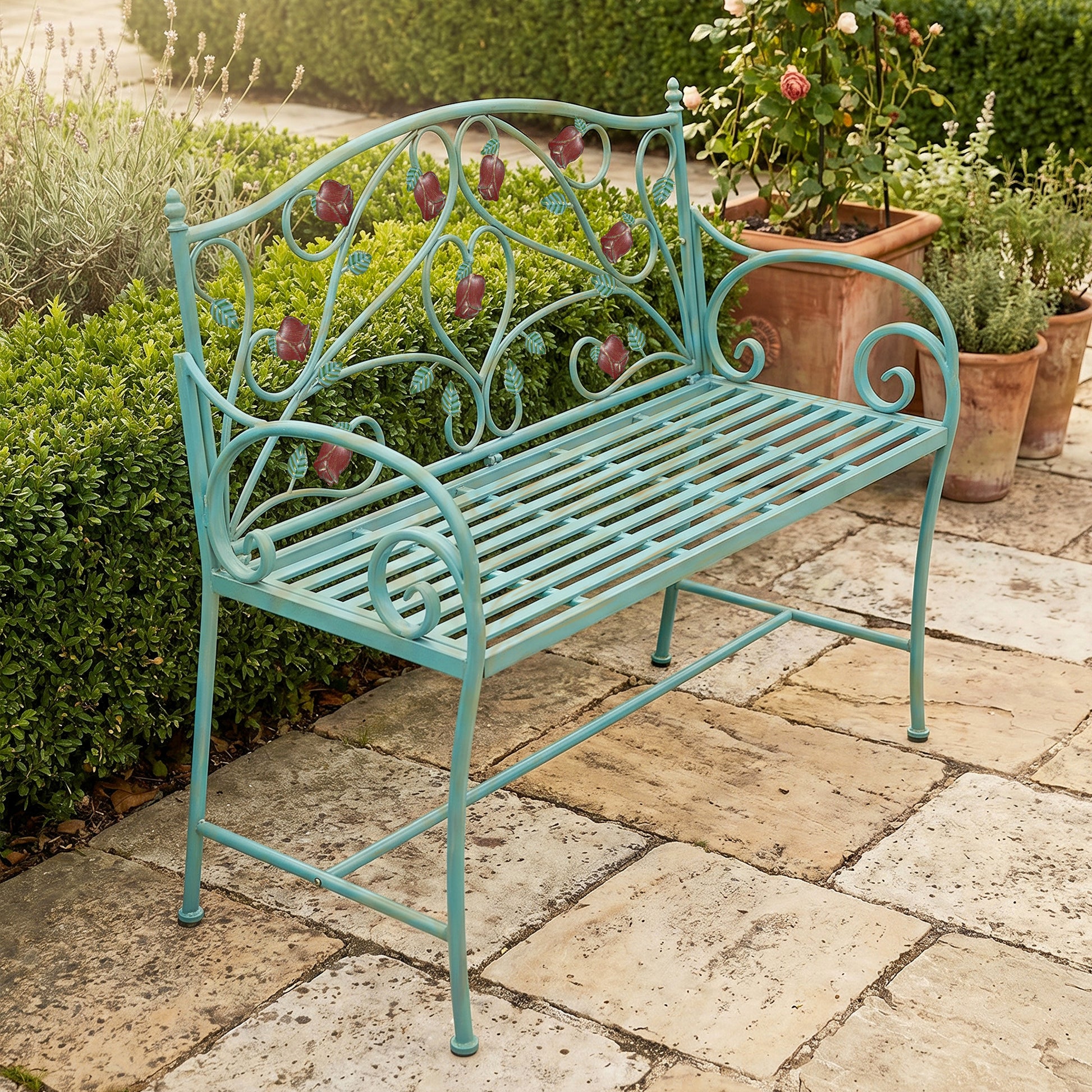 CBJCBJ 42" Waterproof Outdoor Bench ,Indoor Entryway Stools with Metal Rose Design, for Gardens/ Lawns,Blue