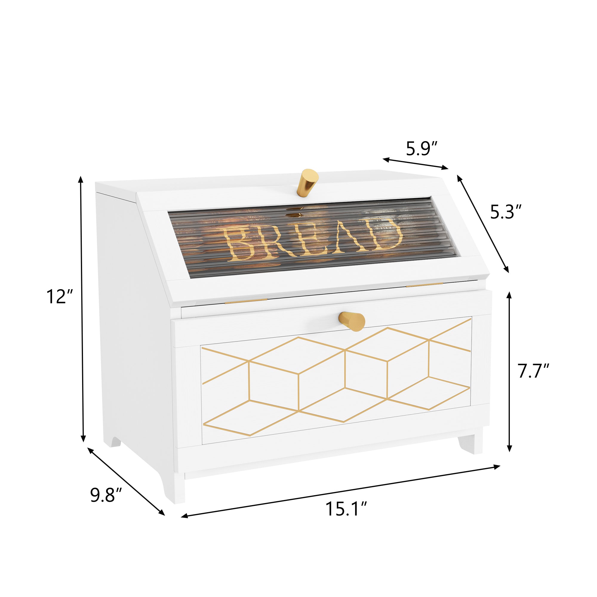 HLR Large Bread Box, Wood 2-layer Bread Box Storage for Kitchen Counter, with Bar Pattern Windows, White
