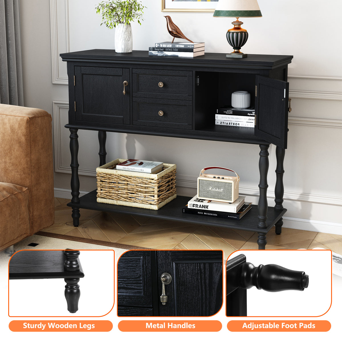 HLR 42" Farmhouse Modern Console Table, Entryway Table with Storage Shelf for Living Room, Black